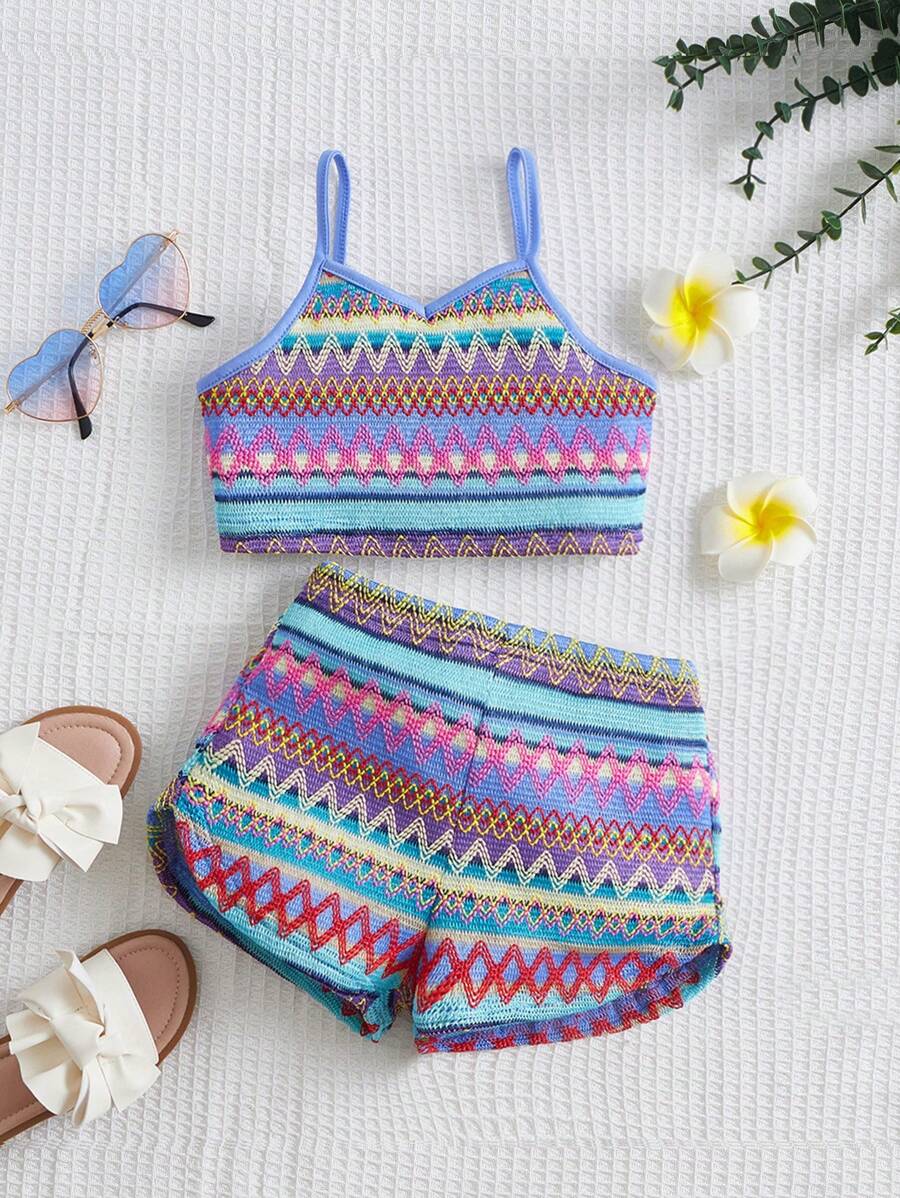 SHEIN Young Girl Chevron Print Cami Top & Shorts