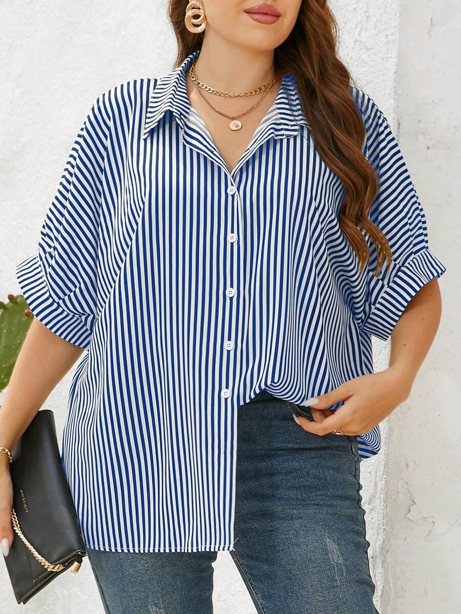 SHEIN Essnce Camicia a maniche a pipistrello con stampa a righe, taglia grande, per l'estate