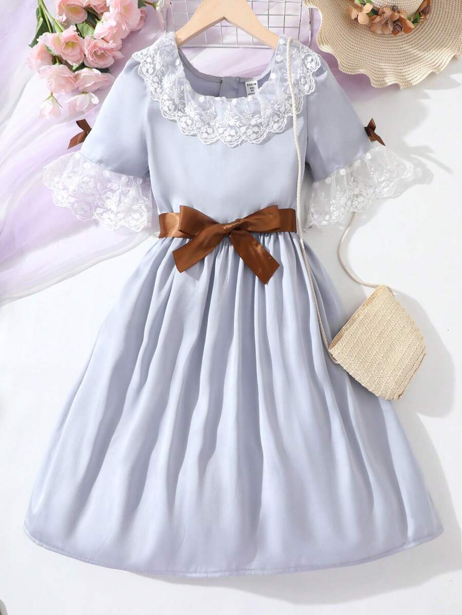 Garotas Renda De Contraste Manga De Encampanada Vestido