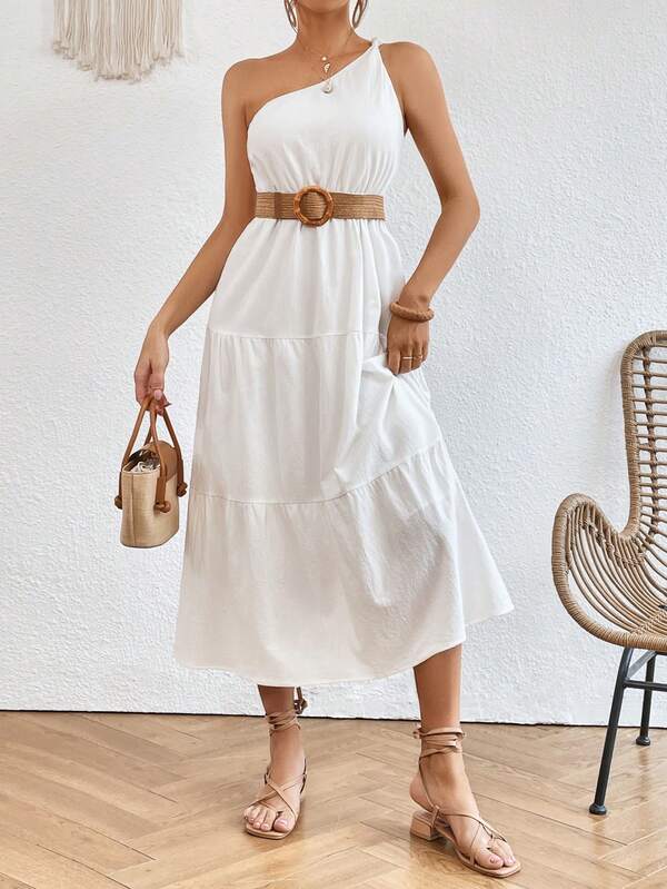 SHEIN X Madison Vestido de un hombro bajo con fruncido sin cinturón