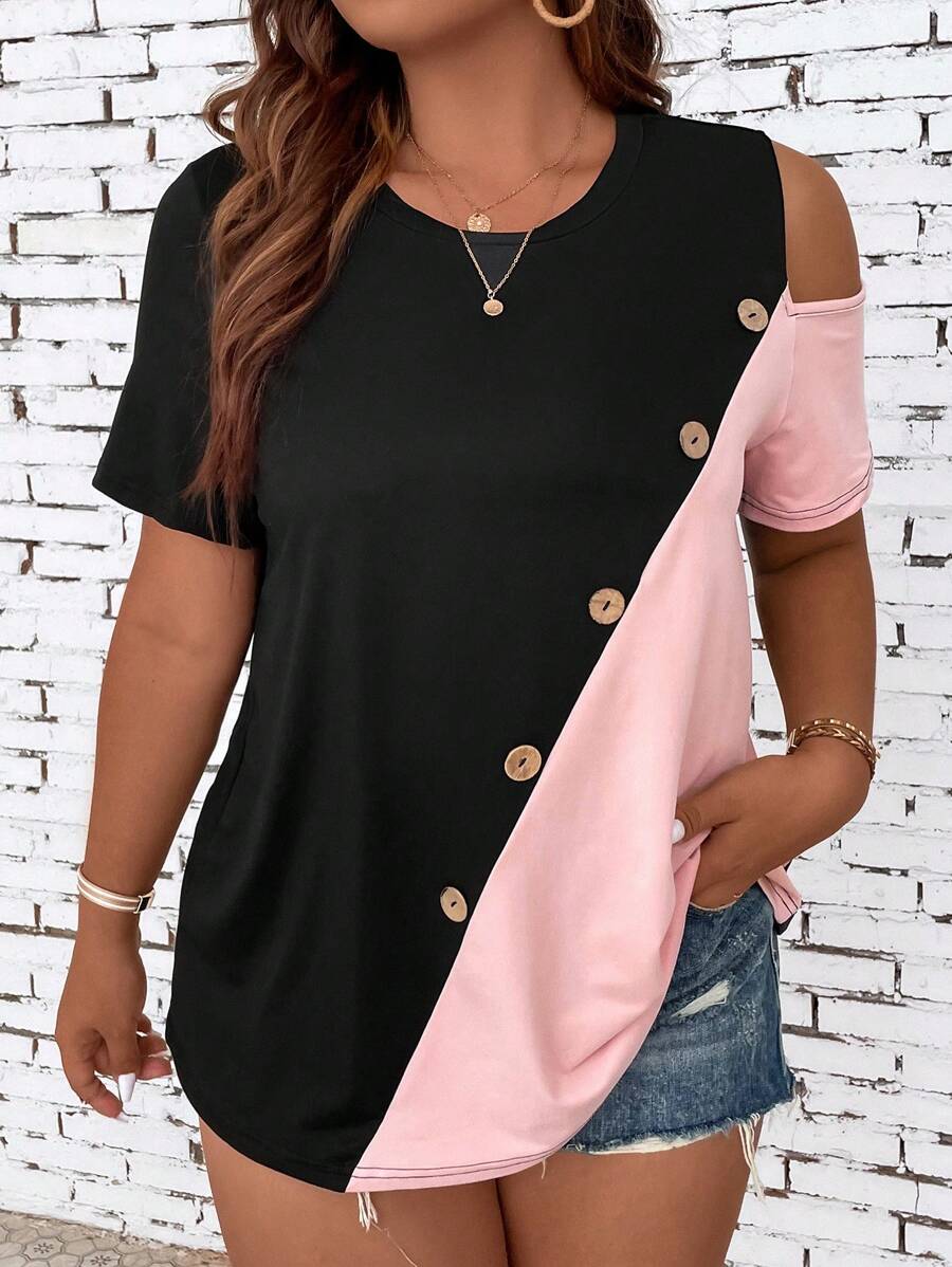 SHEIN T-shirt à détail de bouton bicolore avec découpe, Top d'été pour femmes