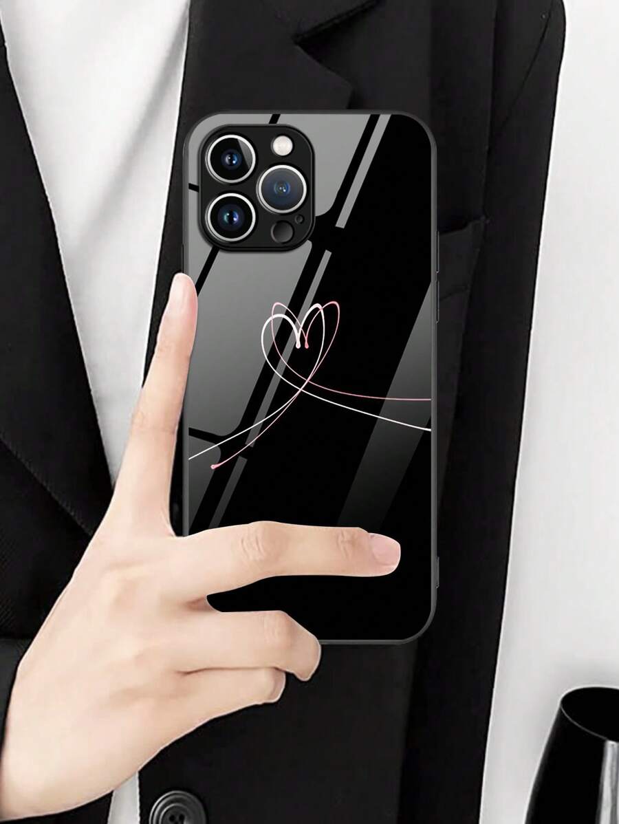 1pc Minimalist Line Heart Shaped Glass Protective Phone Case Compatible With Apple And Models