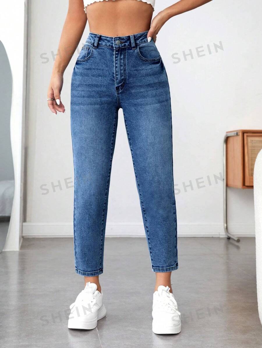 SHEIN PETITE Jeans de ajuste mom de talle alto