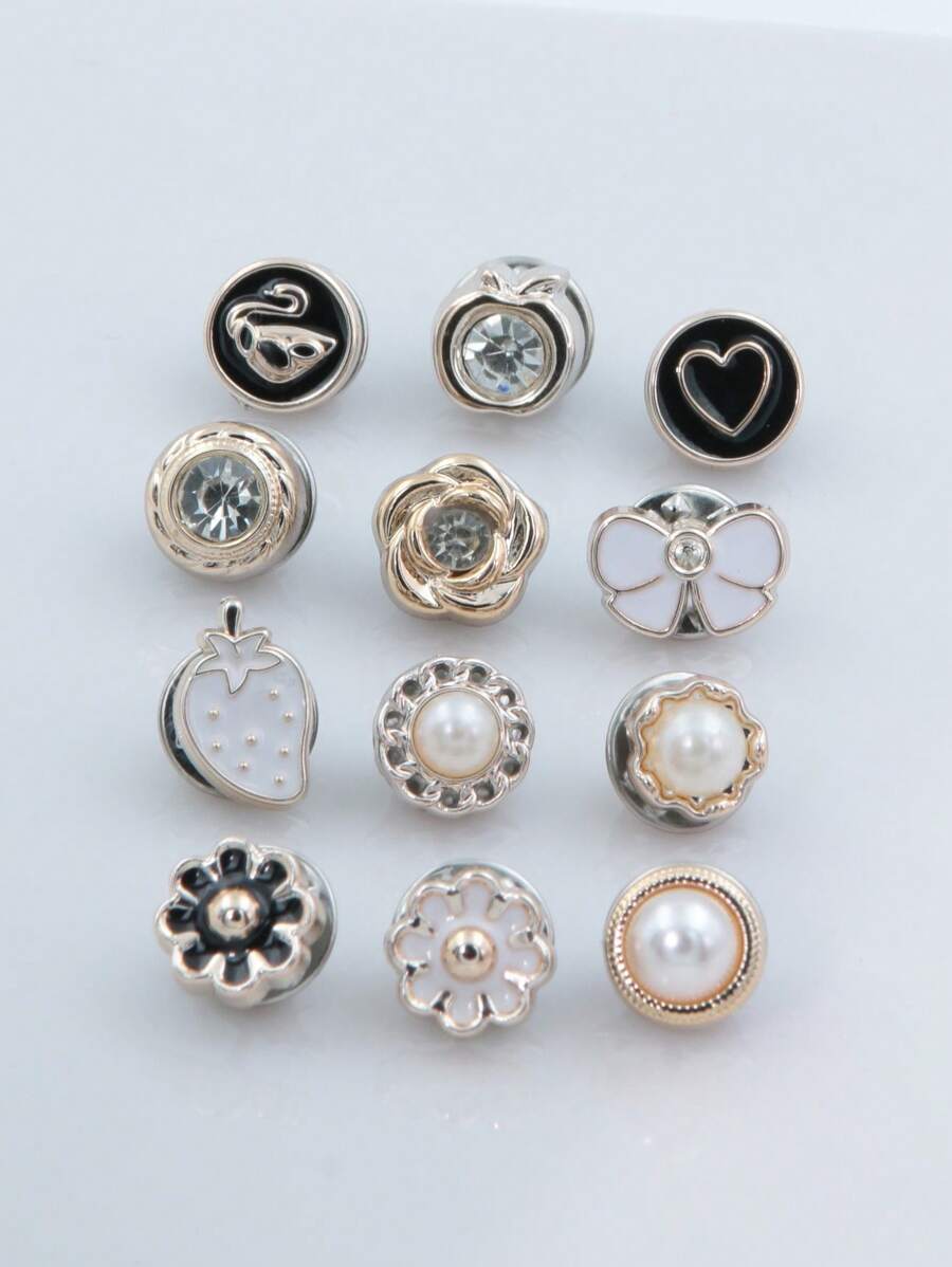 12pcs/Set Women Faux Pear Decor Invisible Removable Button Tighten Buckle Brooches Safety Pin For Scarf Lapel Clothes Skirt Waistband Pants Bags Decoration