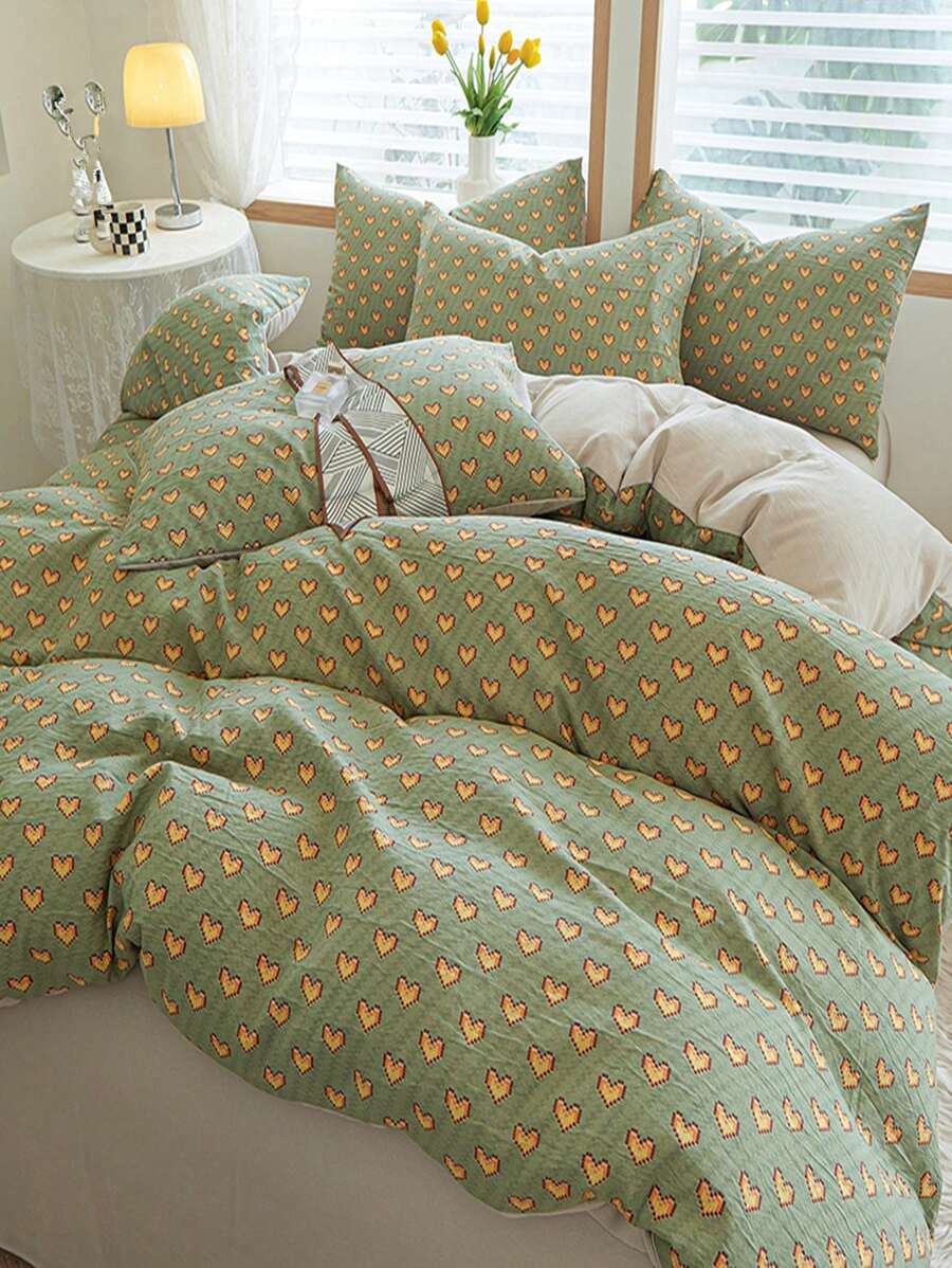 4pcs Heart Pattern Duvet Cover Set, 1pc Quilt Cover And 1pc Flat Sheet And 2pcs Pillow Case, Pillow Insert Not Include, Green Modern Bedding, For Bedroom