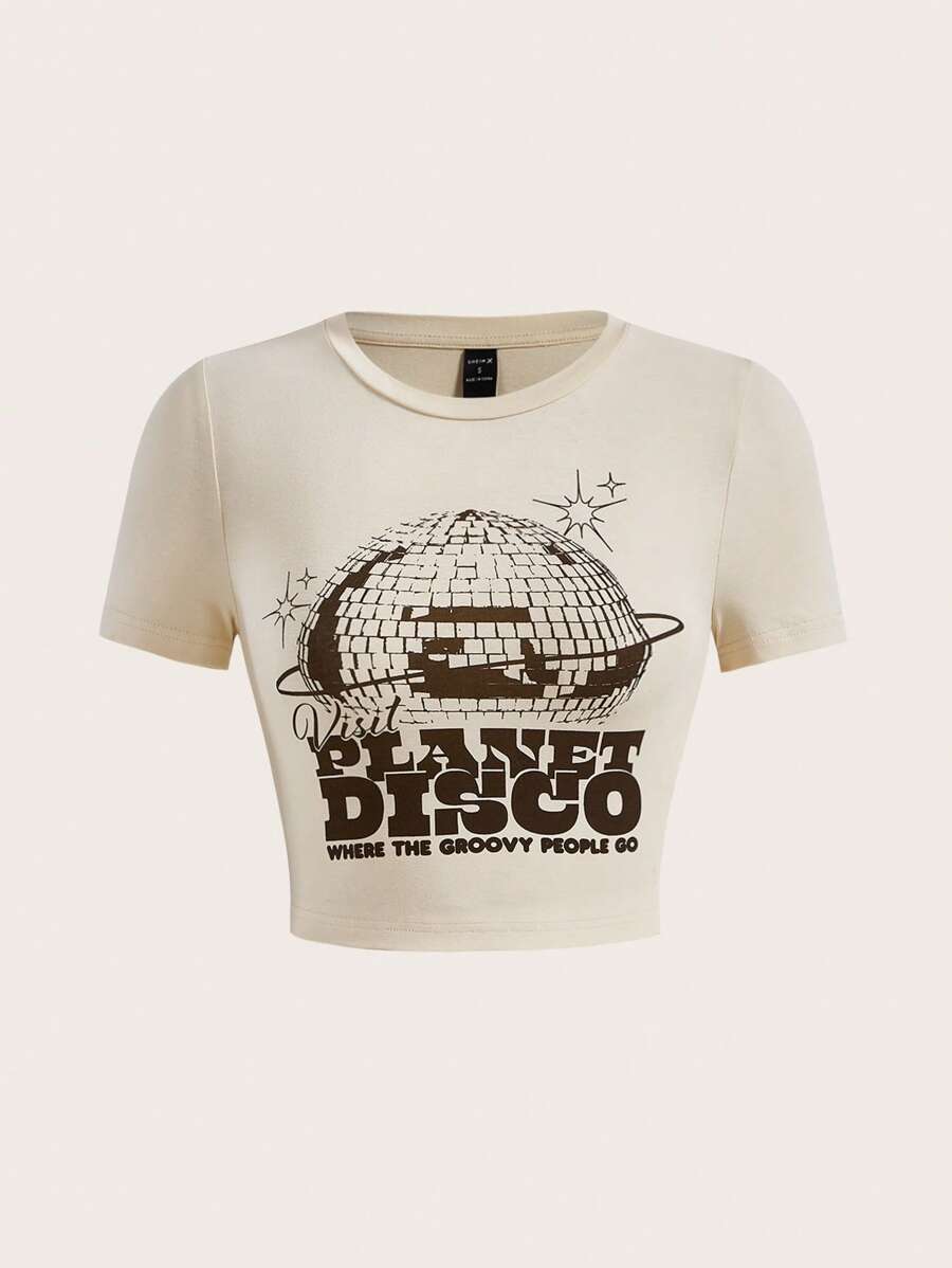 splusmart Artist Retro Street Letter & Graphic Print Crop Tee, For Summer, 95% Cotton, Holiday, Vacation, Spring, Festival, Ibiza Fits, Western Wear