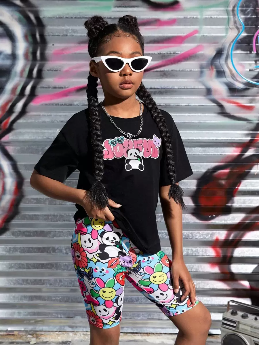 SHEIN Tween Girl Cartoon Graphic Drop Shoulder Tee & Biker Shorts
