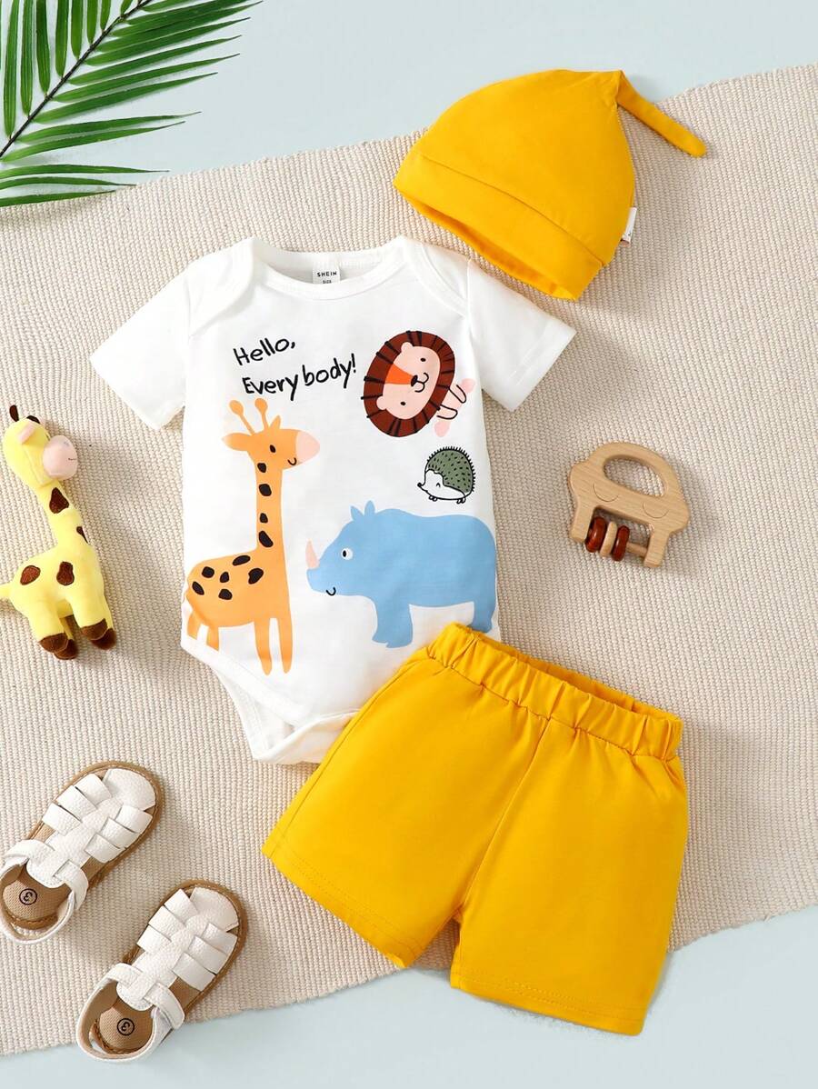 Baby Boy Cartoon Graphic Bodysuit & Shorts & Hat