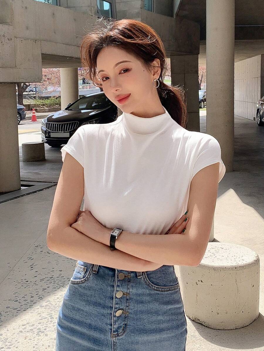 DAZY Solid Mock Neck Batwing Sleeve Tee,Business Casual Women