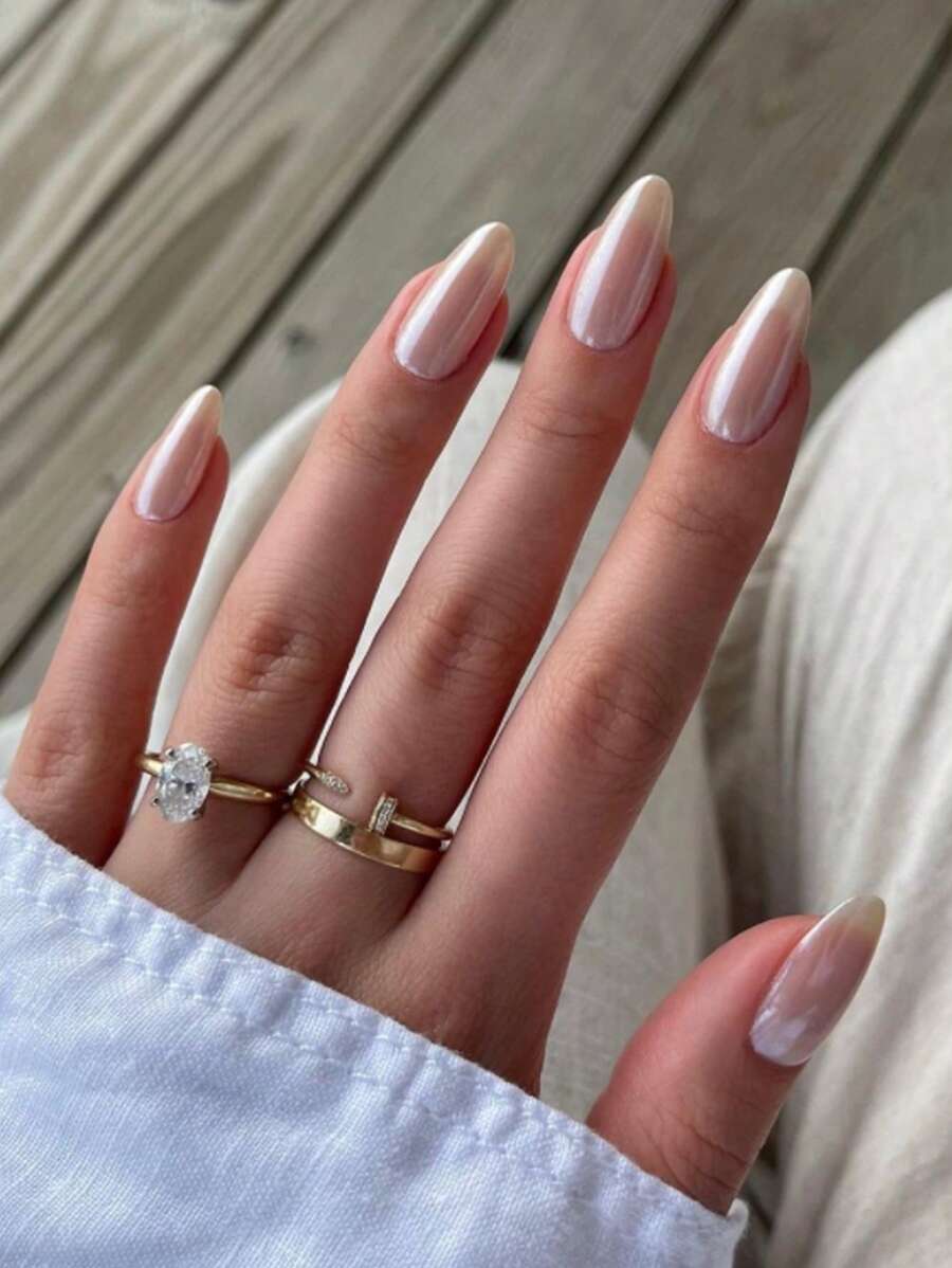 Elevate Your Style with 24pcs Long Oval Apricot Pearl Aurora Pearlescent Effect Fake Nail & 1pc Nail File & 1sheet Nail Tape