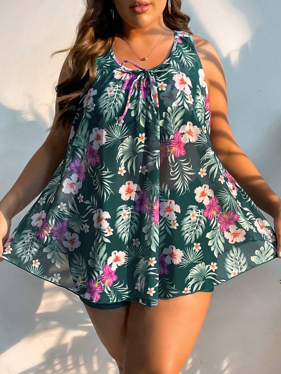 Swim Lushoire Robe de plage d'été à imprimé tropical avec lien noué, grande taille