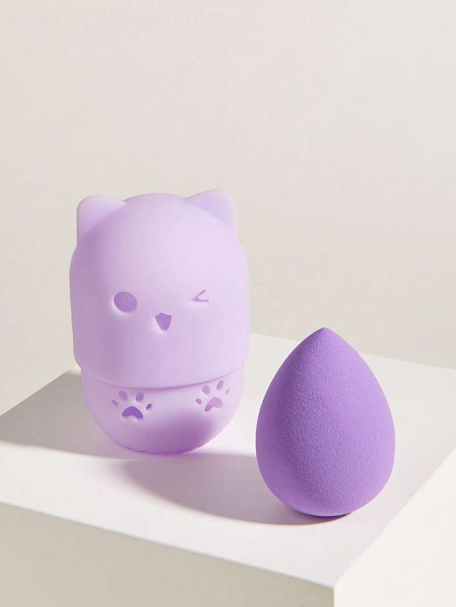 1 set van meerkleurige siliconen capsuledoos + make-upspons, driedimensionaal schoonheidsei, schoonheidsspons, make-uppuff, hoge veerkracht, zwellen in water