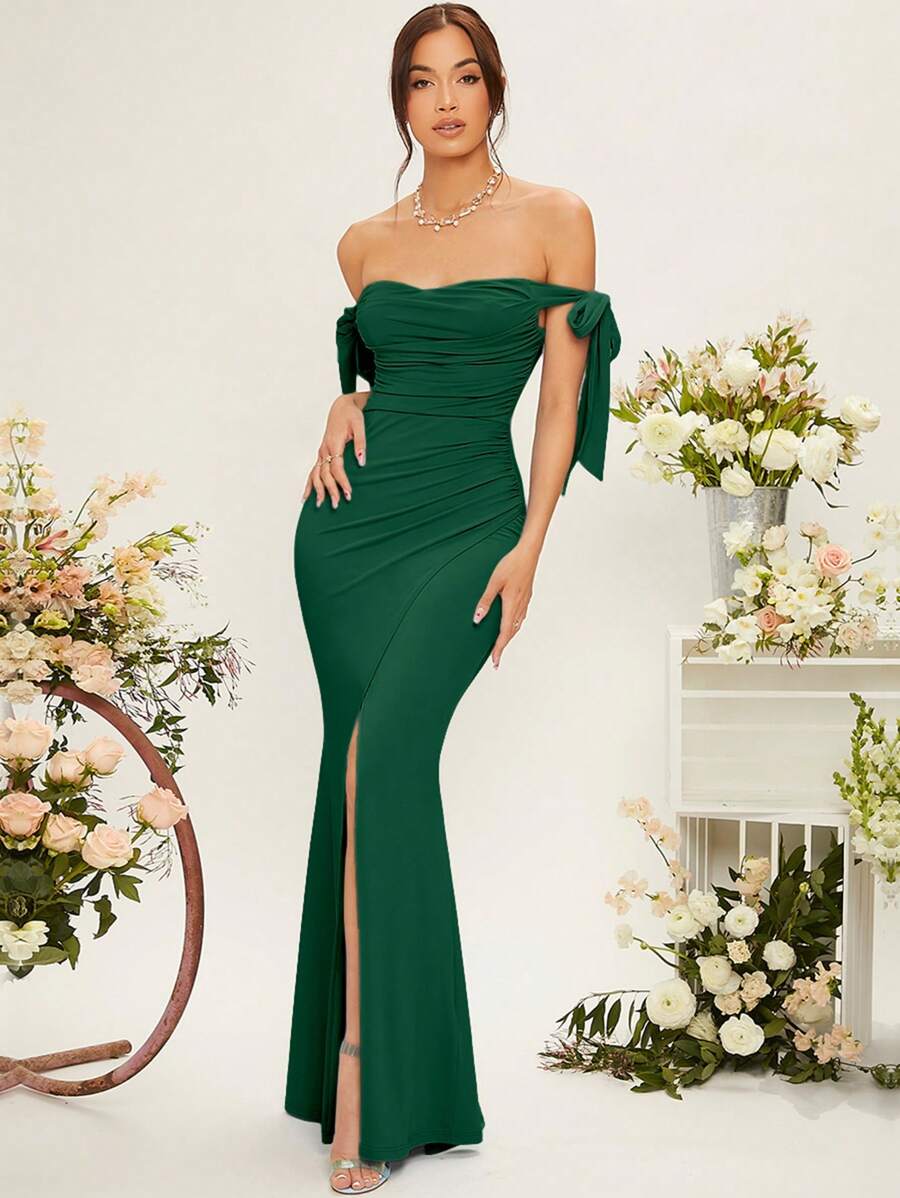 SHEIN Belle Abito da damigella con spalle scoperte, nodo laterale, arricciatura laterale e orlo avvolto, elegante abito da sera formale per balli, feste di laurea, cene e matrimoni