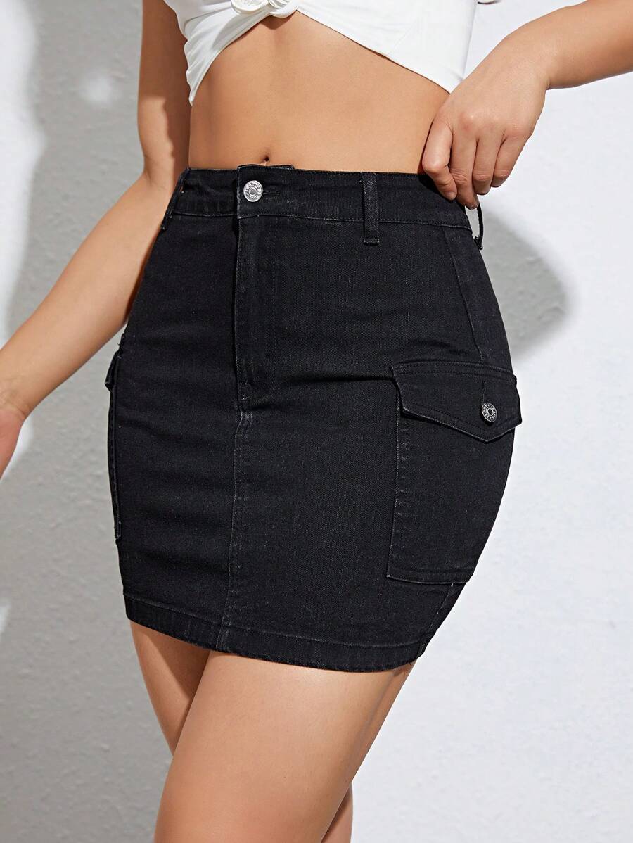 SHEIN Essnce Flap Pocket Bodycon Denim Skirt