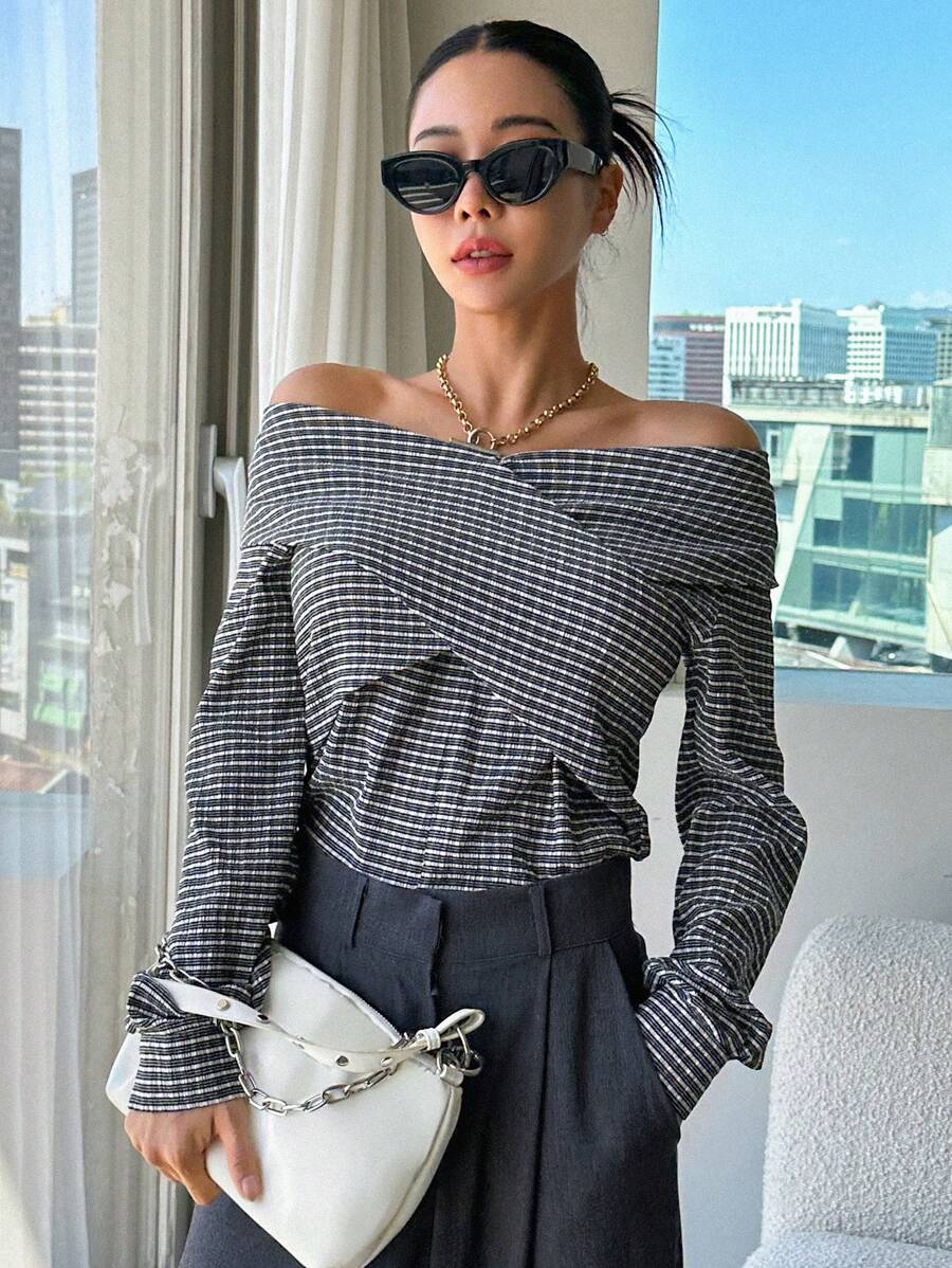 DAZY Striped Print Off Shoulder Wrap Cross Tee Long Sleeve Women Tops,Fall Women Clothes