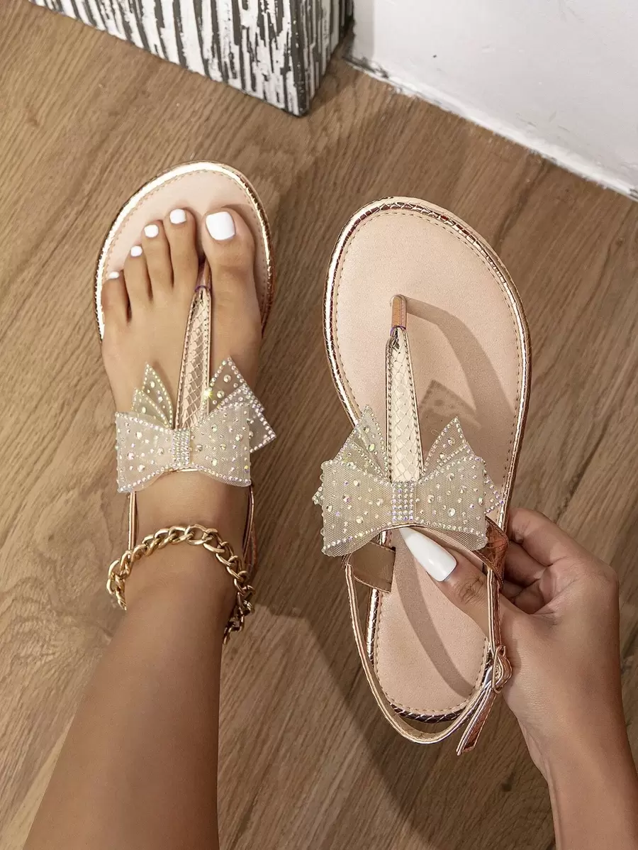 Women Metallic Bow Decor Flat Sandals, Glamorous Summer Thong Sandals Valentines