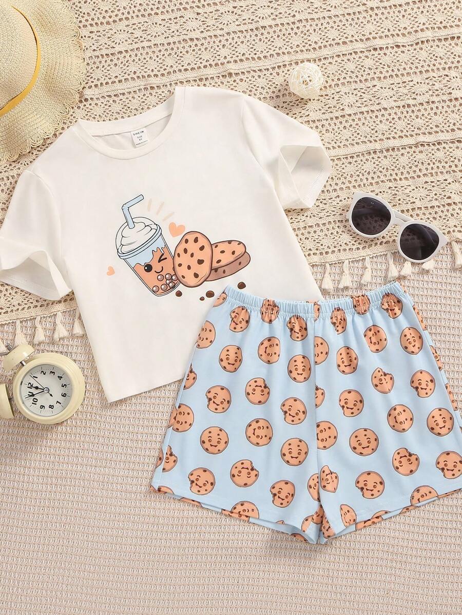 SHEIN Conjunto de pijama con camiseta gráfica de dibujos animados y shorts para niña preadolescente