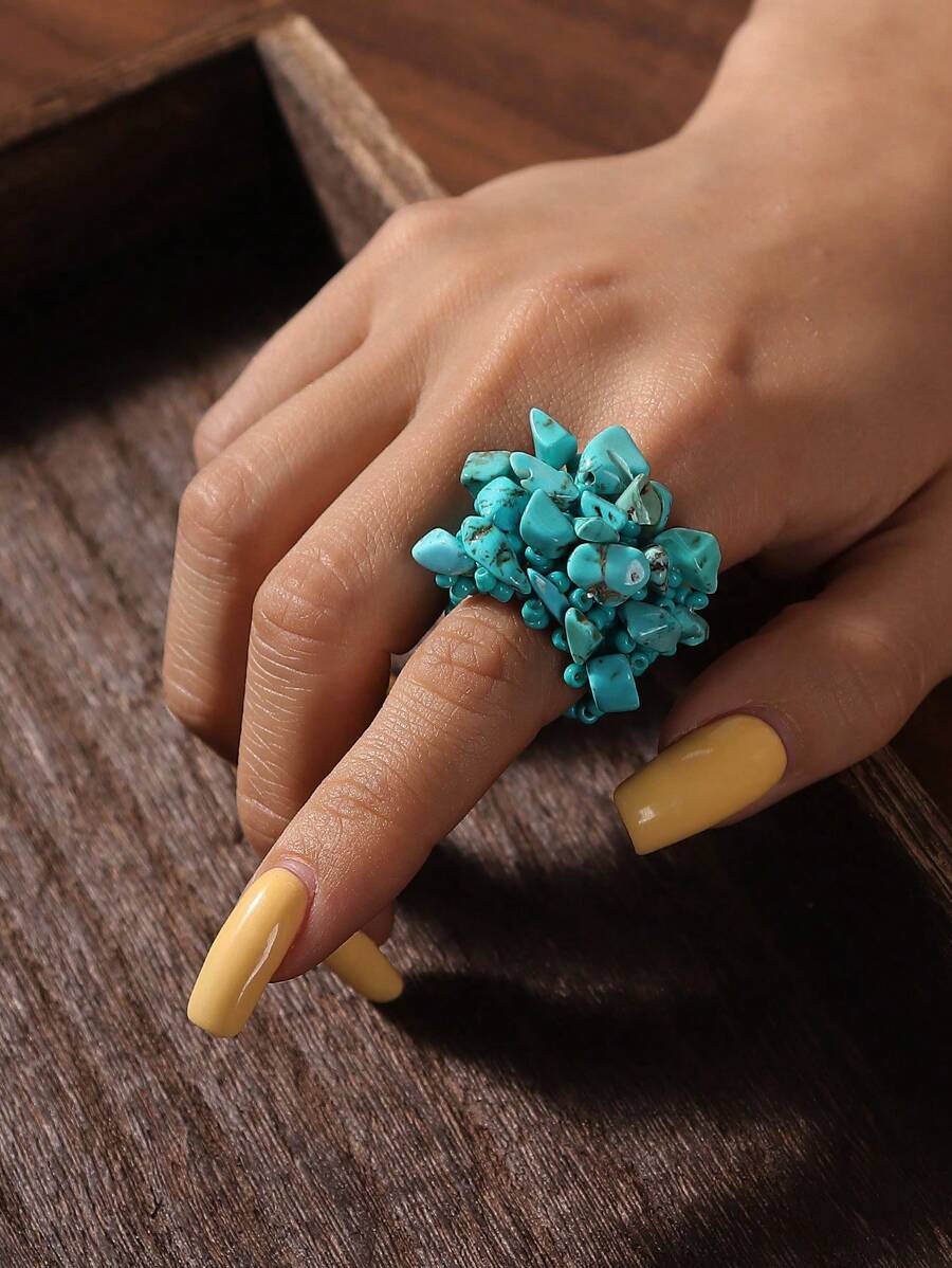 1pc Bohemian Style Elastic Beaded Wide Ring With Natural Stone For Women
