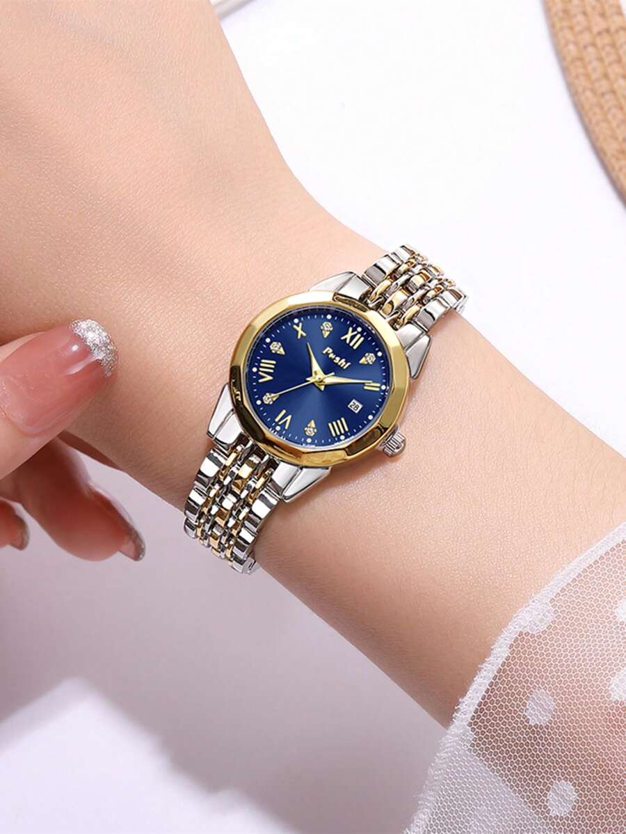 Poshi 1 pieza Reloj de cuarzo con correa de acero inoxidable y calendario de la marca POSHI, de moda y casual para damas