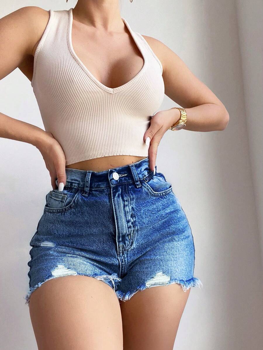 SHEIN Frenchy Ripped Raw Hem Denim Shorts