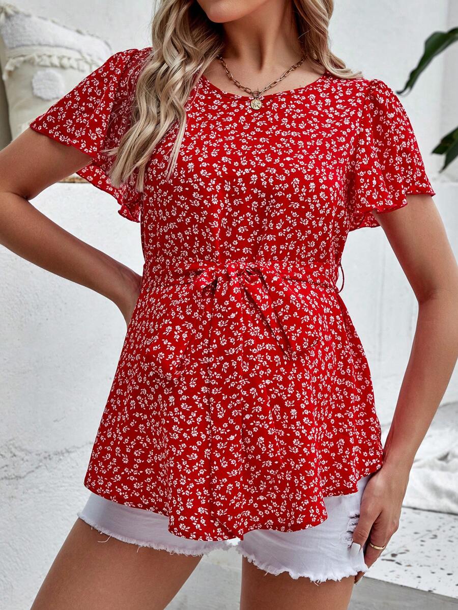 SHEIN Maternity Ditsy Floral Print Butterfly Sleeve Belted Blouse