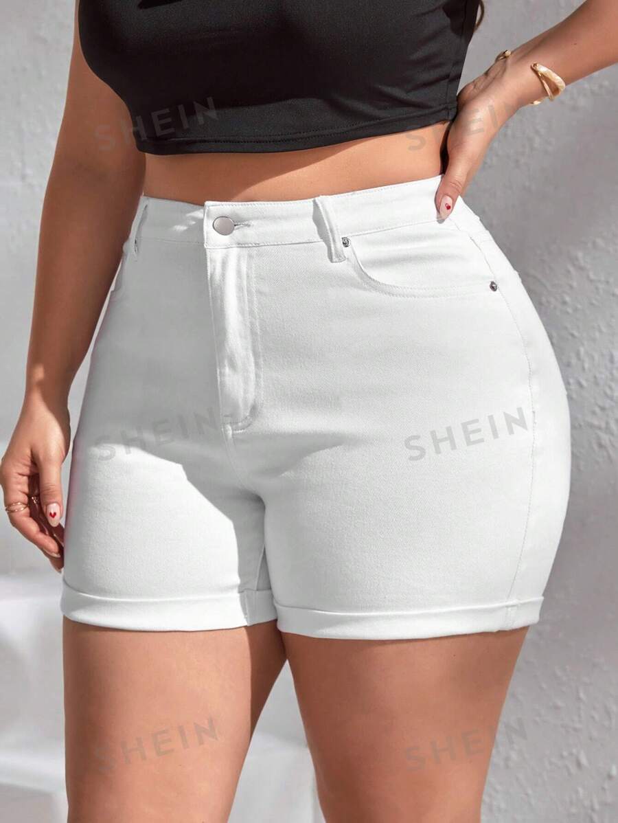 SHEIN Frenchy Pantalones cortos vaqueros de talle alto talla grande, conjunto de ropa de verano para mujer, atuendos para festivales, ropa casual de vacaciones, ropa bohemia para mujer