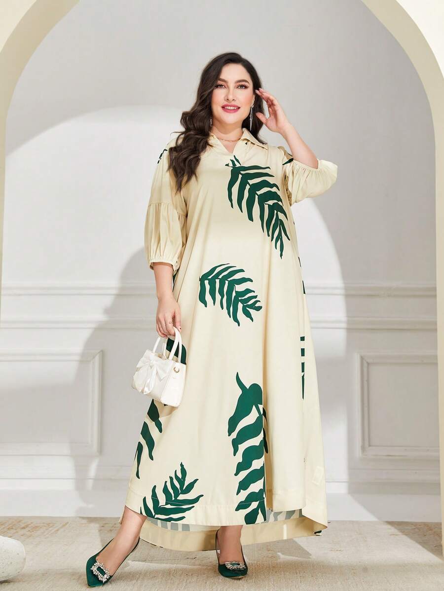 Al Najma Plus Tropical Print Lantern Sleeve Dress
