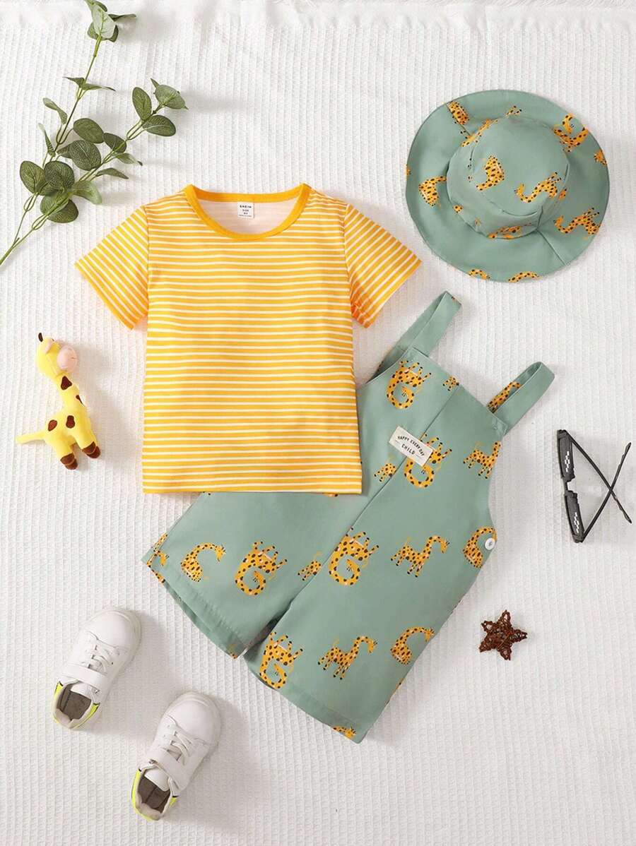 SHEIN Camiseta Listrada Para Menino Jovem & Macacão Com Gráfico De Desenho Animado & Chapéu