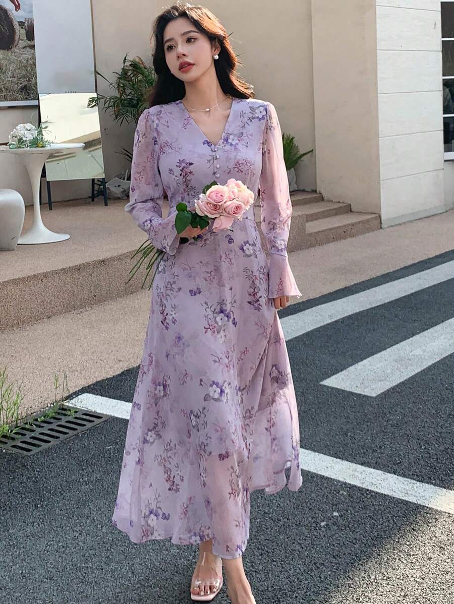 DAZY Floral Print Button Front Dress Sundress,Fall Dress