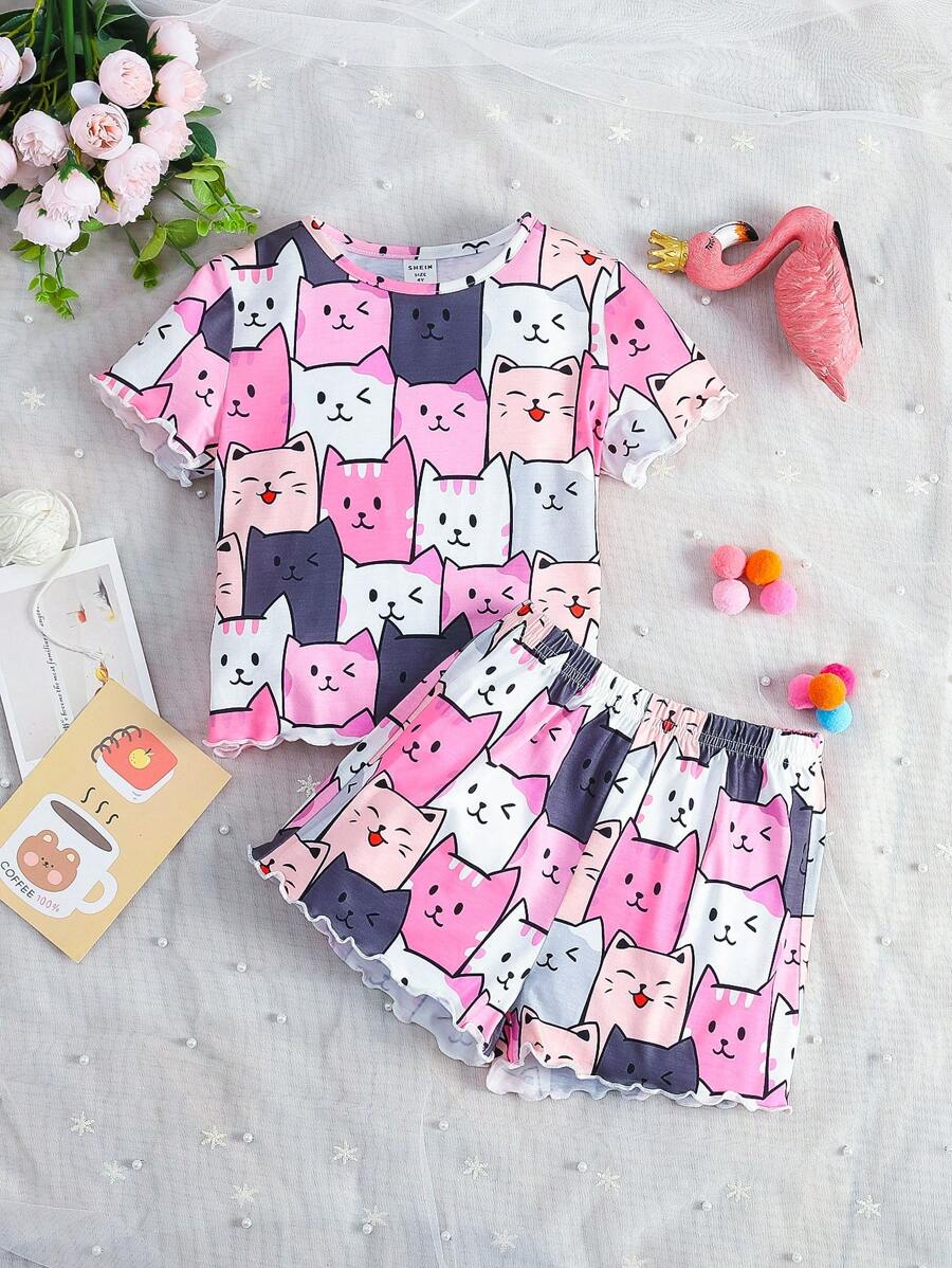 SHEIN Conjunto De Pijama De Niña Joven Con Gráfico De Dibujos Animados