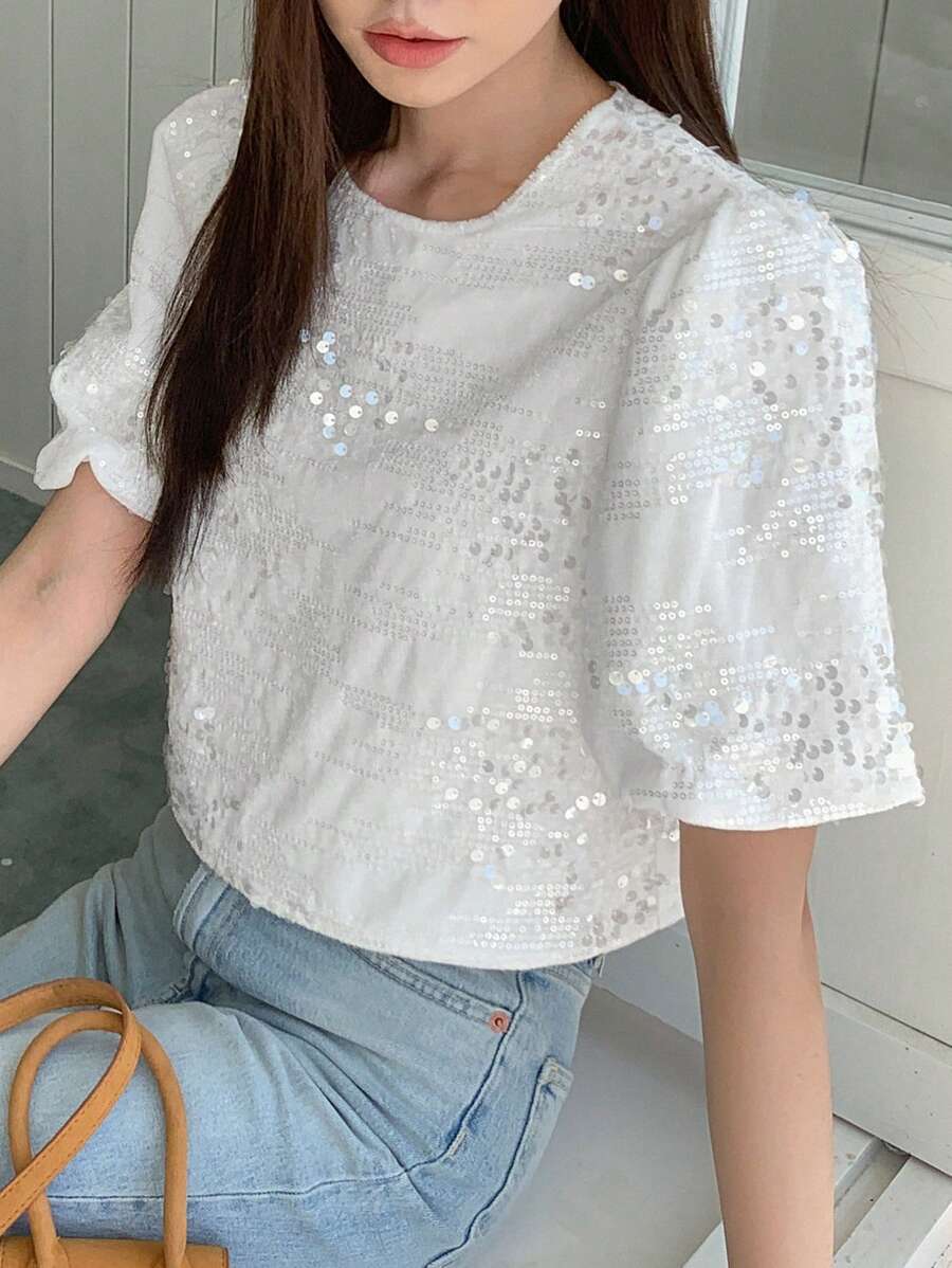 DAZY Contrast Sequin Puff Sleeve Tee