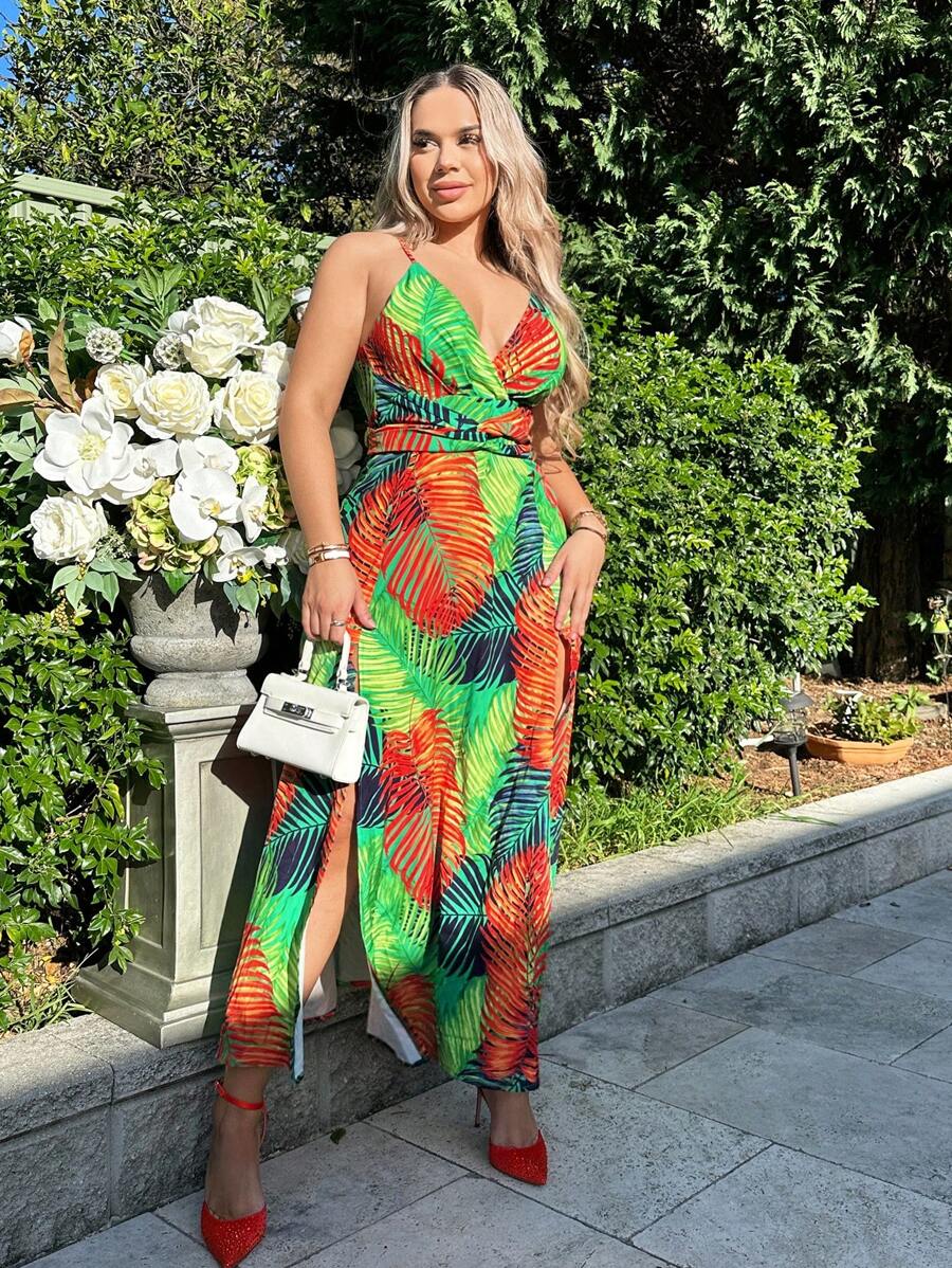 SHEIN SXY Tropical Print Split Thigh Cami Dress