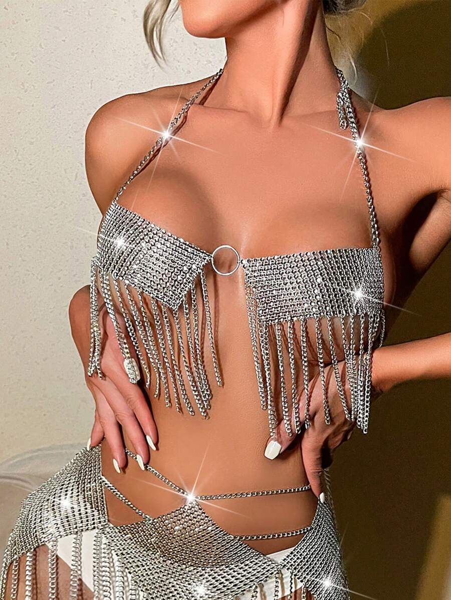Rhinestone Fringe Hem Metallic Lingerie Halter Top Shein Usa