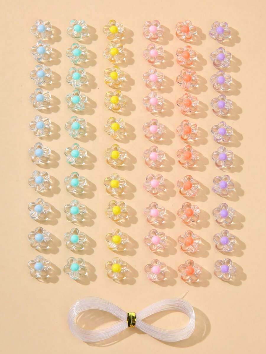 60 Stücke/Set modische zufällige Farbblumenförmige DIY Perlen & 1 Rolle Faden für Frauen zum Selbermachen von Schmuck, Valentinstag