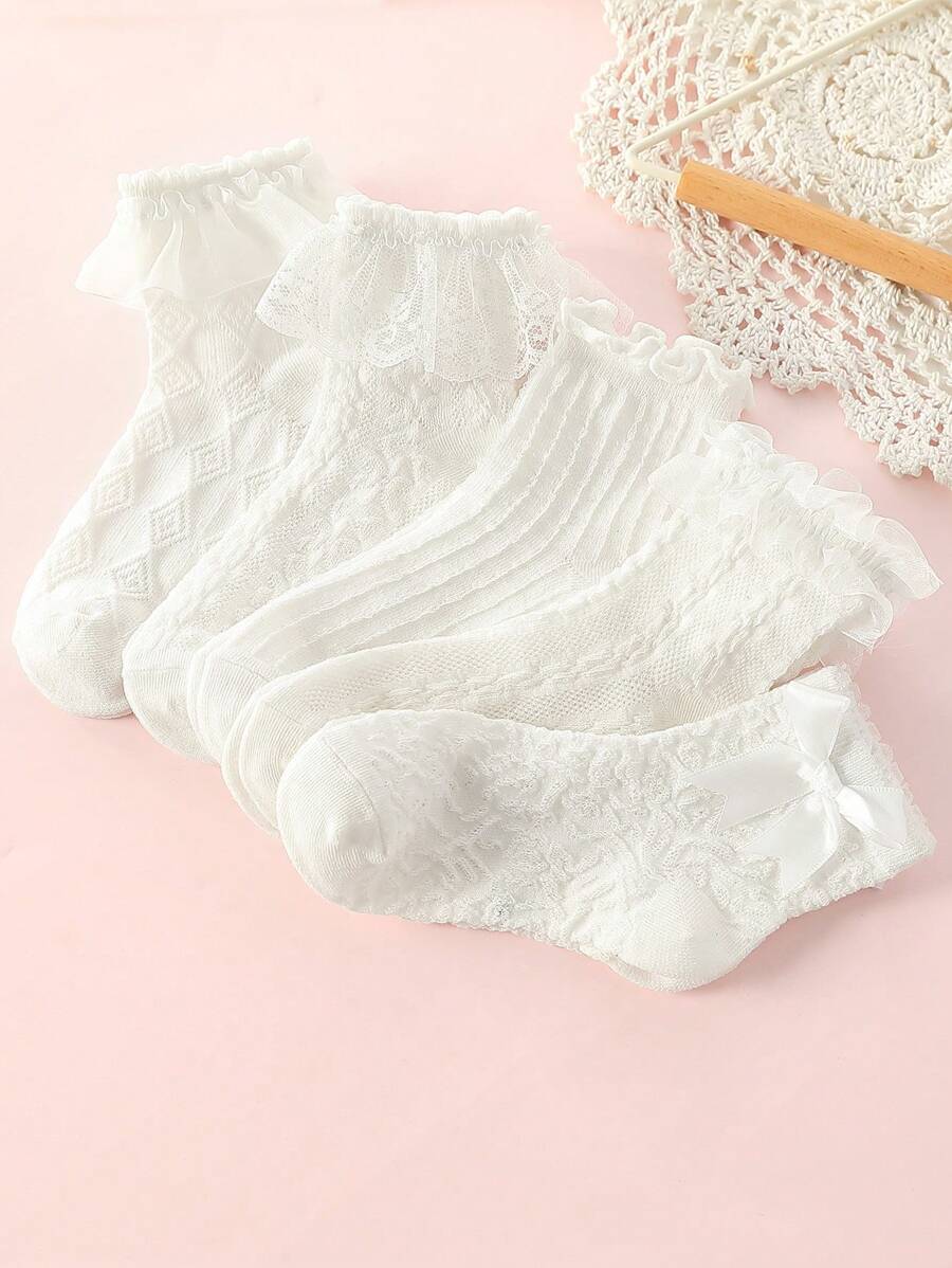 5pairs Girls Ruffle Trim Casual Crew Socks For Daily Life
