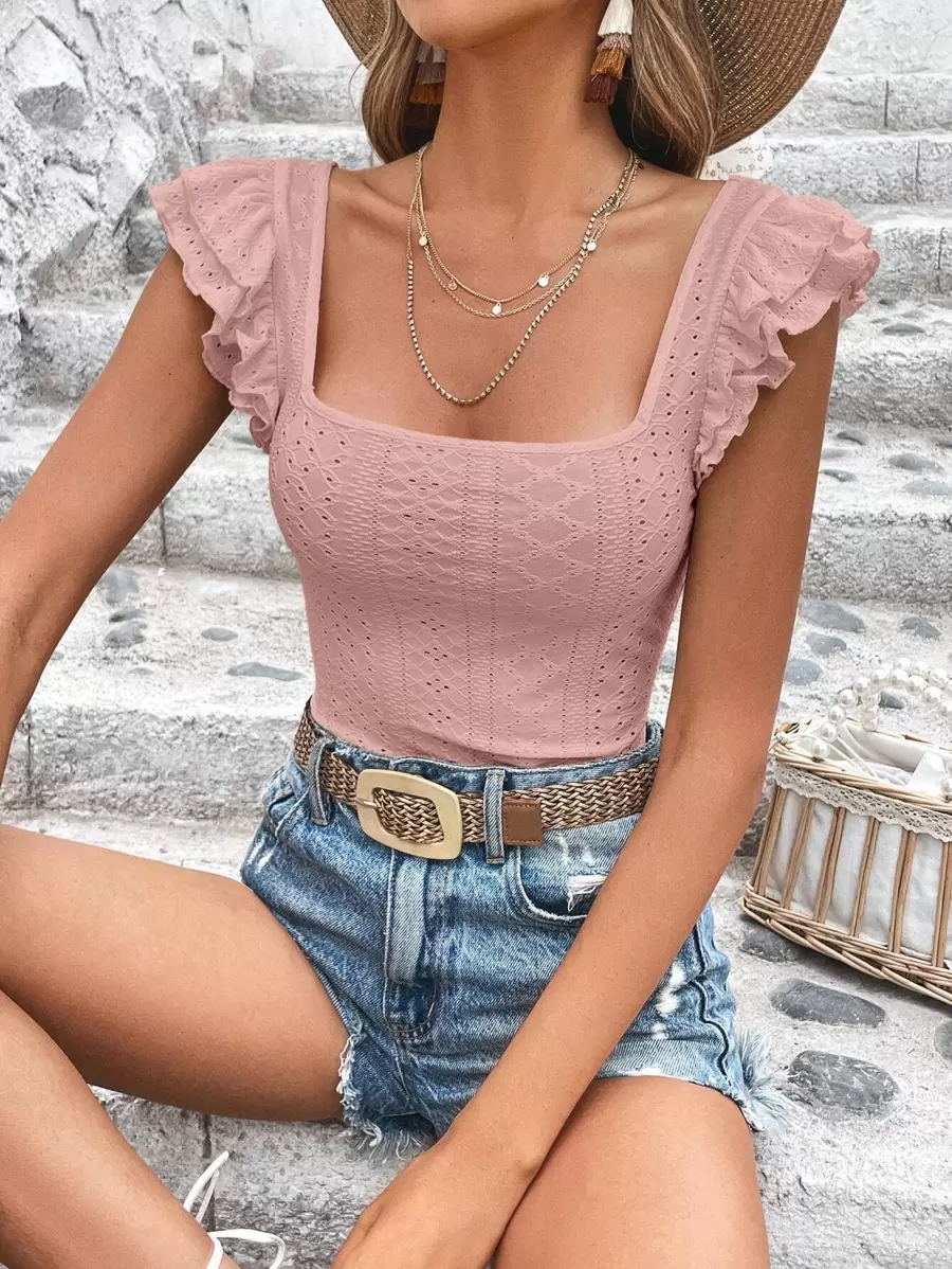 SHEIN VCAY Camiseta De Mangas De Mariposa Con Cuello Cuadrado Y Bordado De Ojales, Camisa De Mujer