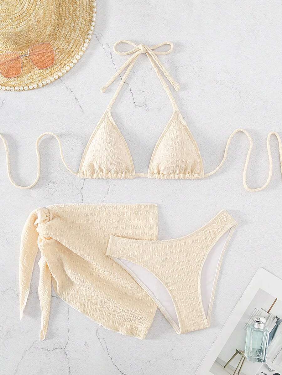 SHEIN Swim Plain Halter Triangle Bikini Set With Beach Skirt,Summer Beach