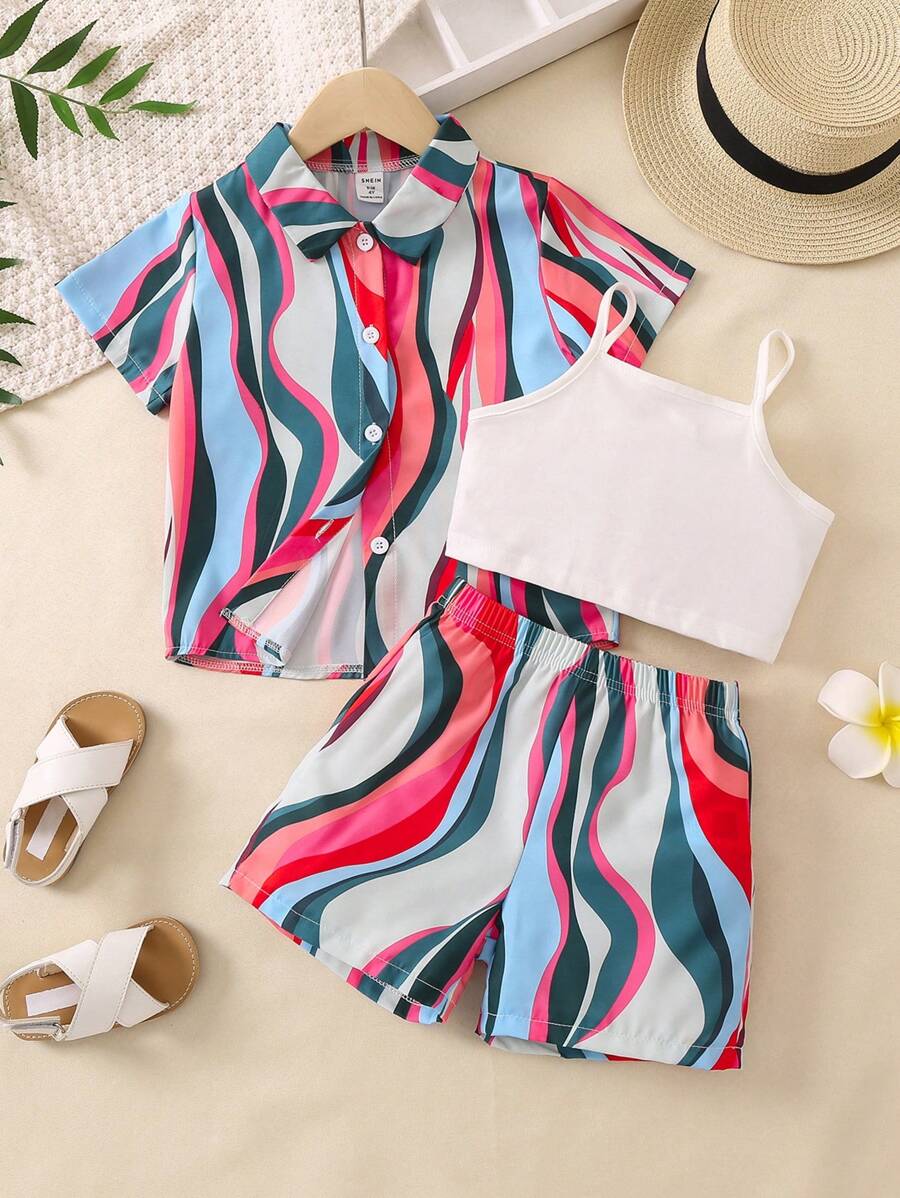 SHEIN Toddler Girls Solid Cami Top & Allover Print Shorts & Button Up Shirt