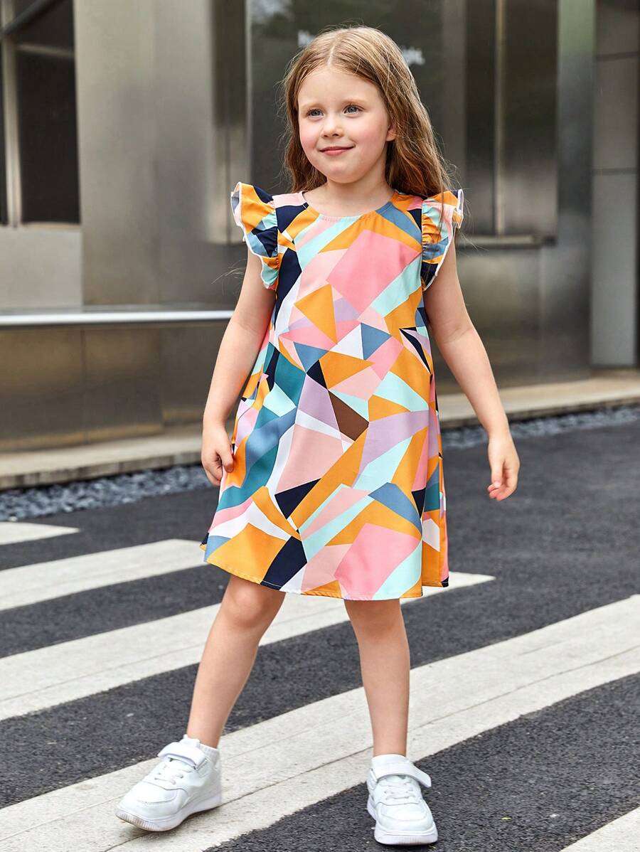 SHEIN Young Girl Geometric Pattern Round Neck Cap Sleeve Loose A-Line Woven Beach Dress