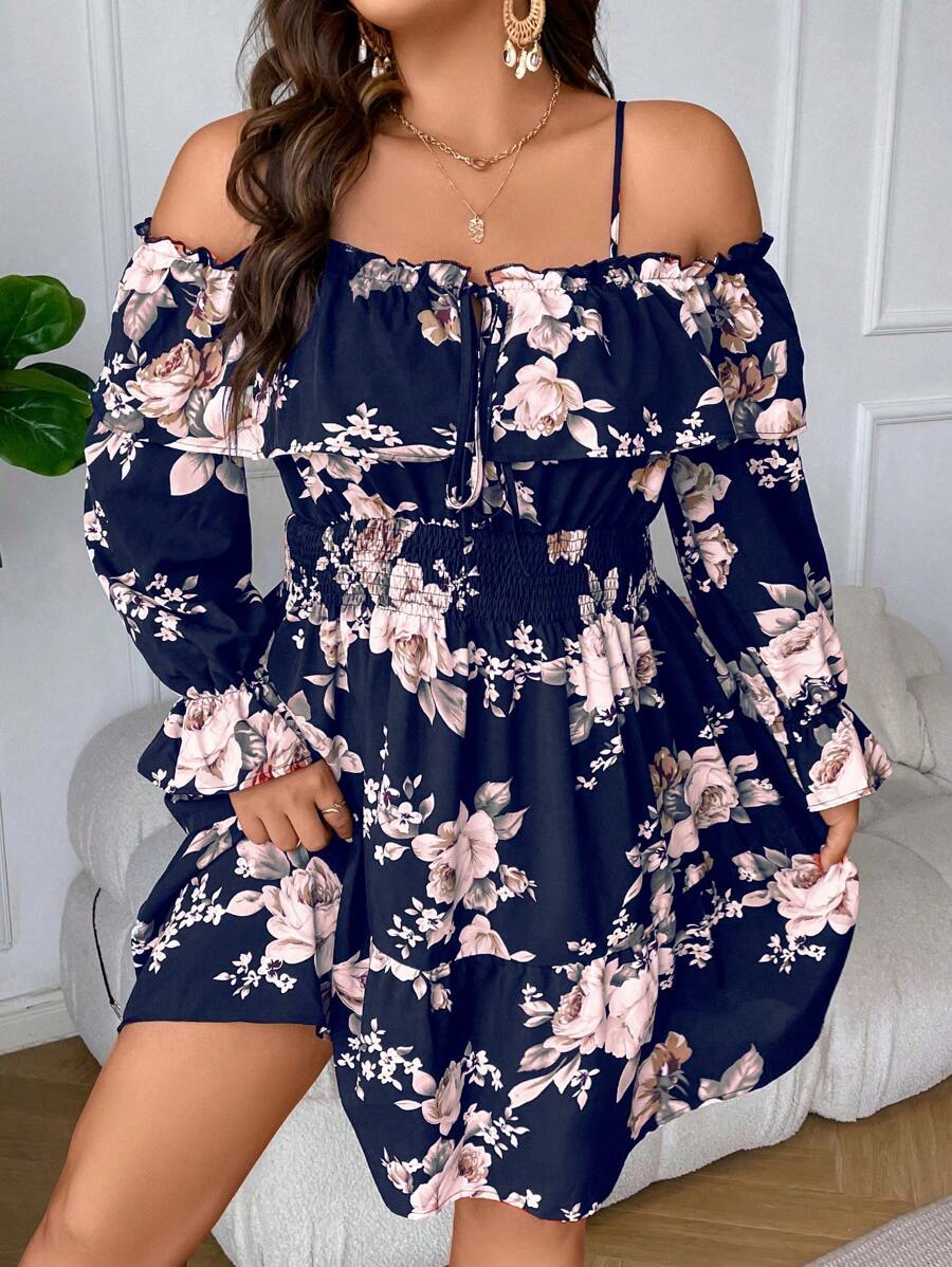 SHEIN LUNE Plus Floral Print Cold Shoulder Flounce Sleeve Knot Front Dress