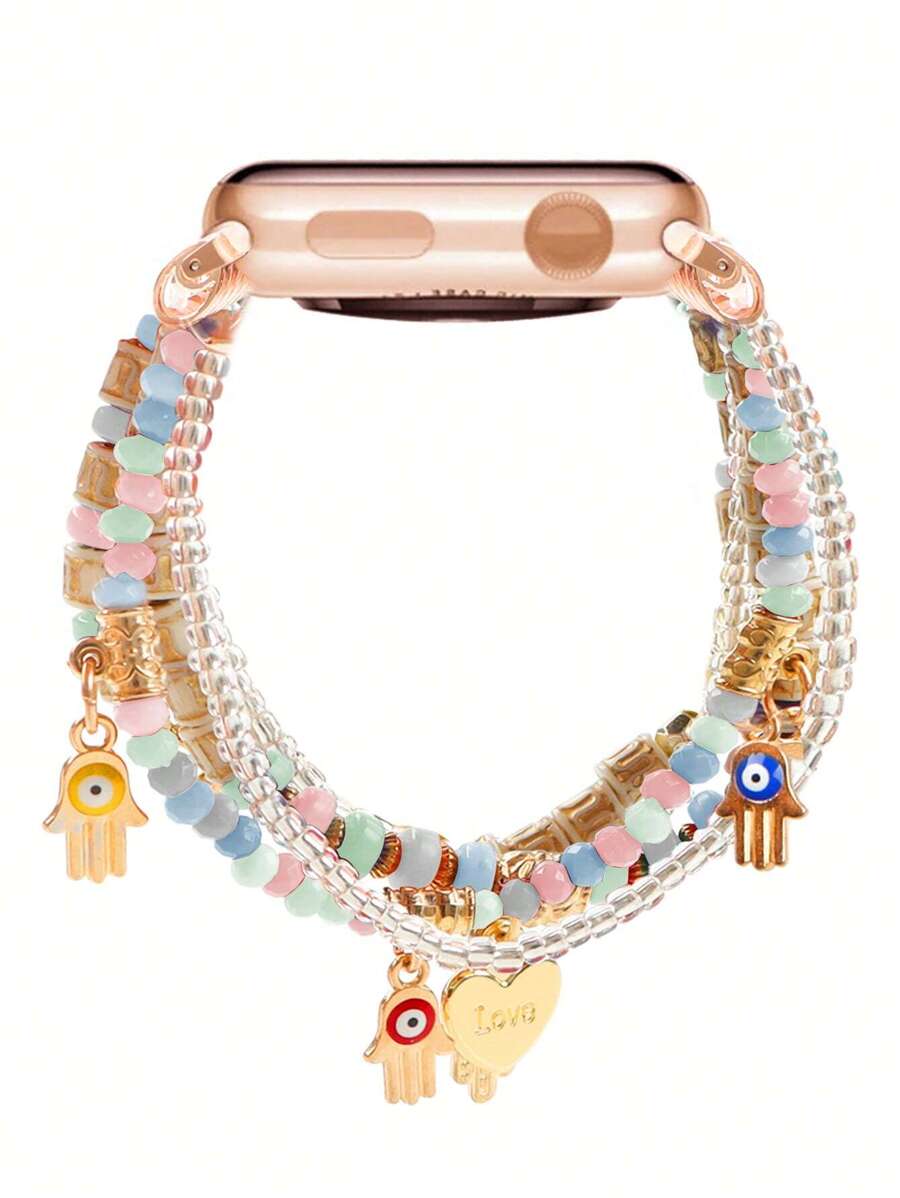 Colorful Tassel Beaded Bracelet Band With Lucky Heart Palm Graphic, Compatible With Apple Apple Watch Ultra/SE/Series 10/9/8/7/6/5/4/3/2/1 In 38/40/41/42/44/45/49mm Size, 42/46mm For S10 Valentines