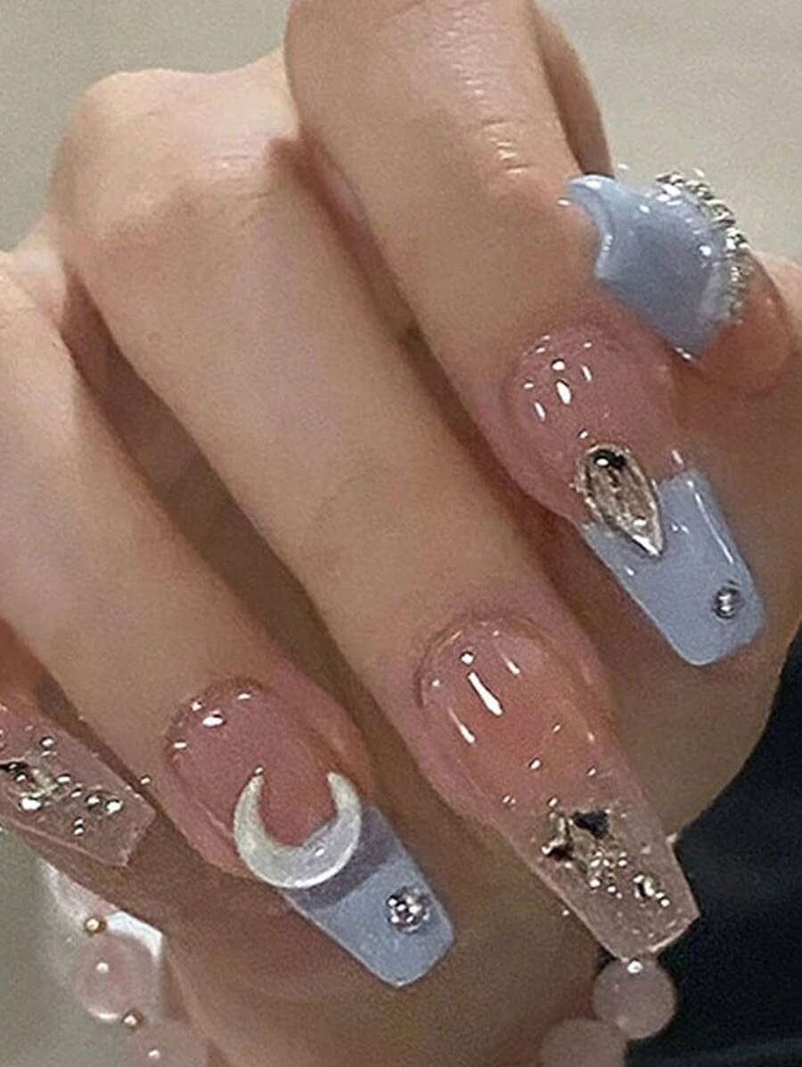 24pcs Full Cover Coffin Shape Fake Nails With 3D Moon Design & 1pc Double-Sided Nail Jelly Glue & 1pc Nail File Press On Nails Nail Supplies