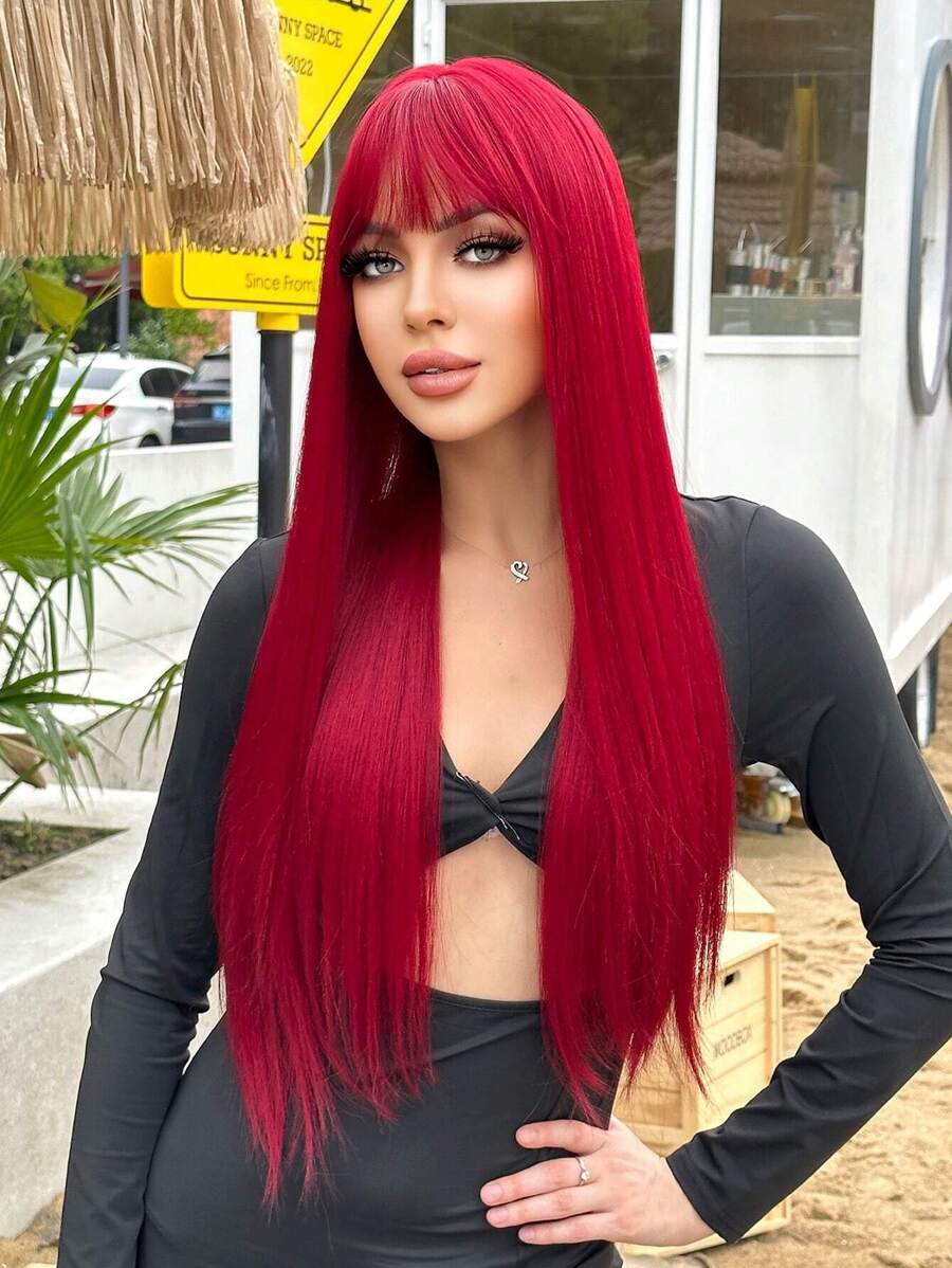 Peruca Sintética Fabulosa de Festival de Música de Férias, Vinho Tinto, Cabelo Liso Reto com Franja de 26 Polegadas, Luz Vermelha, Para Meninas e Mulheres, Uso Diário, Festa, Férias, Feriados, Natural, Sexy, Romântica, Elegante, Glamorosa, Natural, Casual, Simples, Halloween, Natal, Presente, Cosplay, Resistente ao Calor