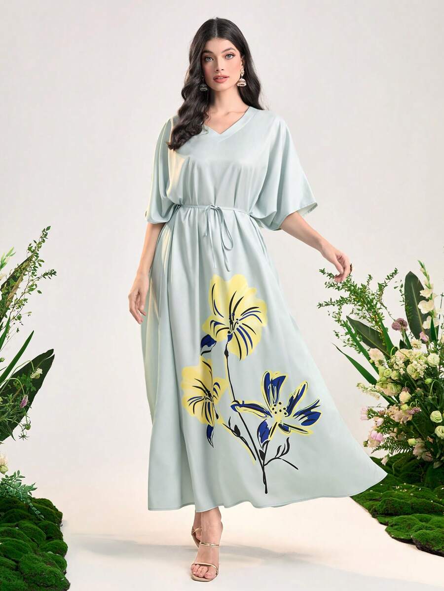 Al Najma Floral Print Batwing Sleeve Belted Dress