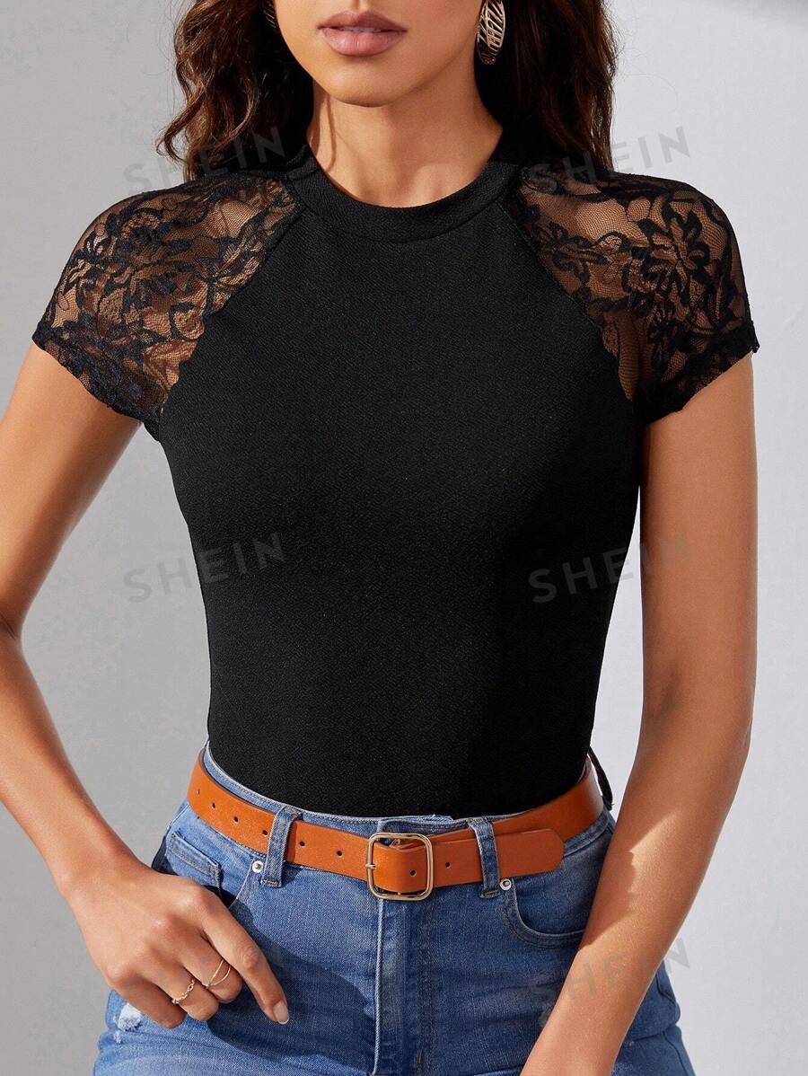 SHEIN Tall Camiseta con encaje en contraste de manga raglán