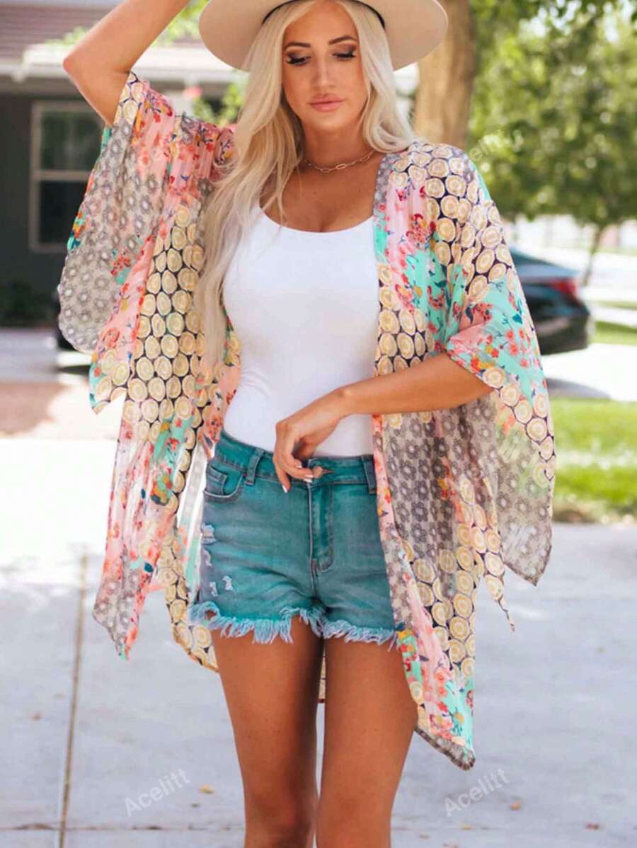 Acelitt Summer Women's Bohemian Style Polka Dot Printed Bat Sleeves, Loose Casual Kimono Cover, Travel Beach Vacation