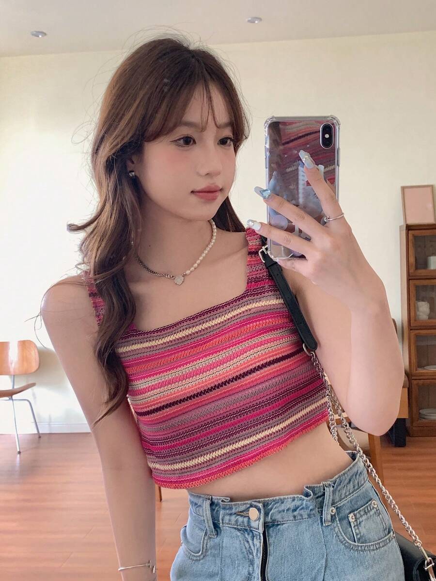 DAZY Striped Crop Wide Strap Top Festival Tank Tops