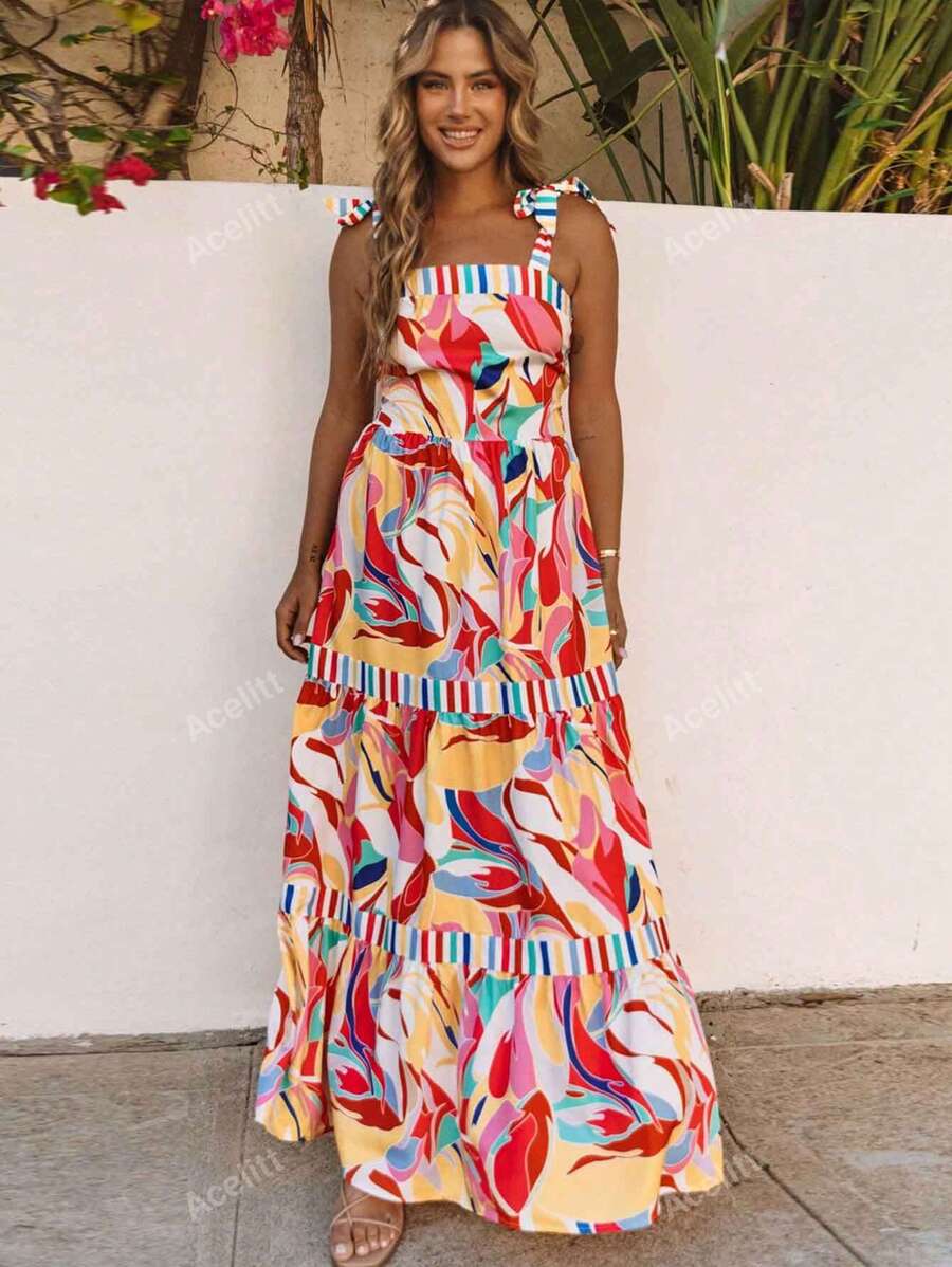 Acelitt Summer Colorful Abstract Print Color Block Tie Front Spaghetti Strap Wide Neck Loose Dress For Women