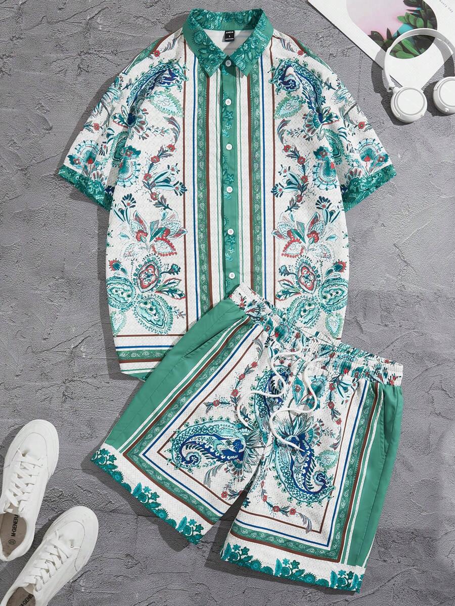 Manfinity Chillmode Men Paisley Print Shirt & Drawstring Waist Shorts