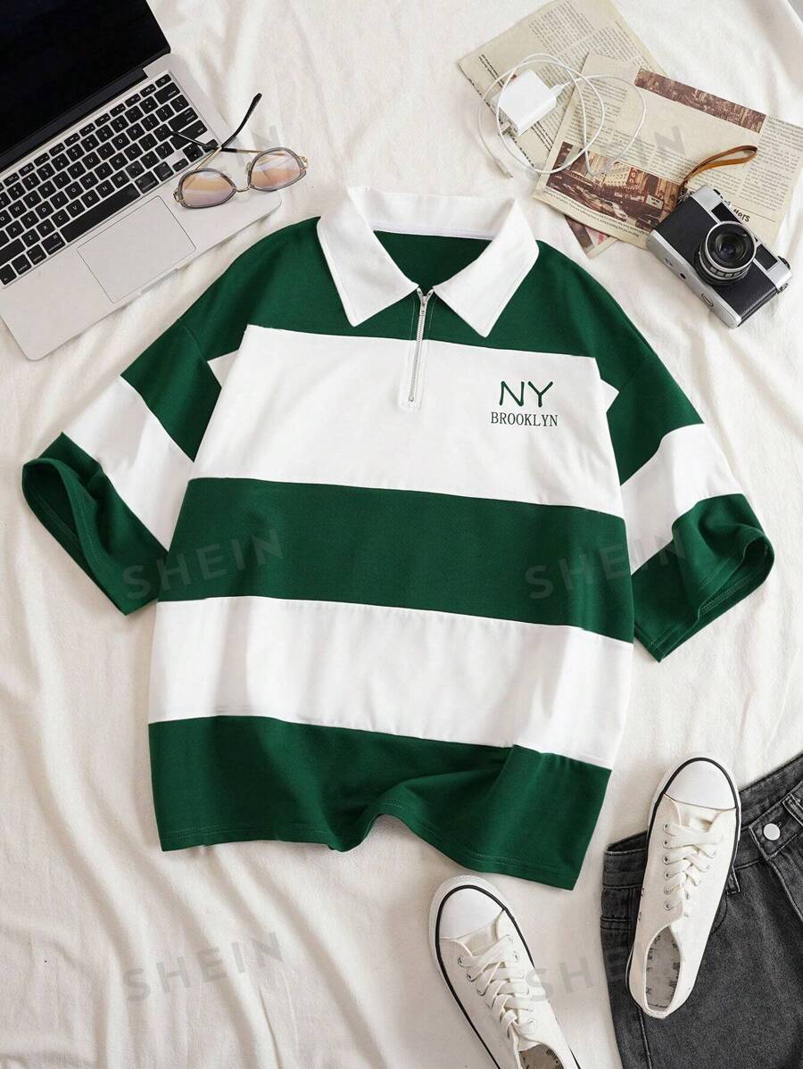 INAWLY Camiseta de mujer con cuello polo, bloque de color y estampado de letra, manga caída, para el verano